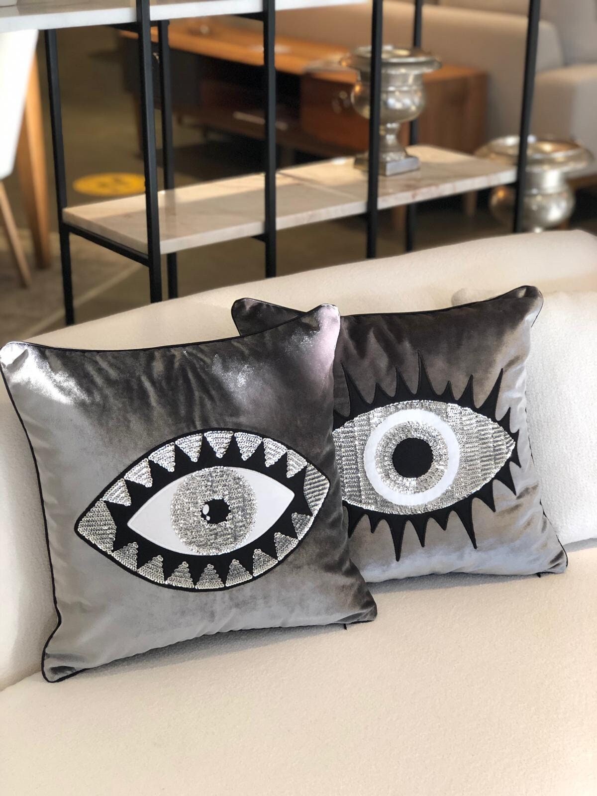 Throw Pillow Set - Evil Eye Pillow Covers - Gray Velvet Accent Pillows - Unique Home Decor Cushions - Amulet Protection against Misfortune