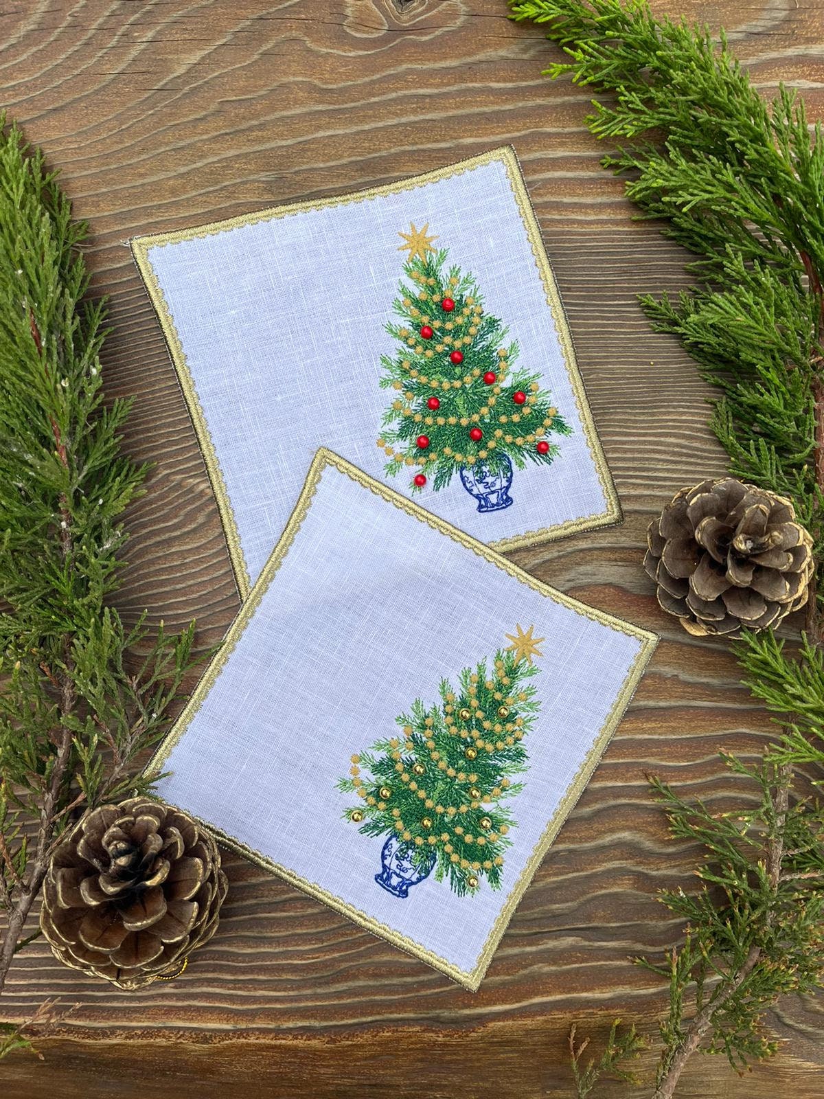 Decorative New Year Tree & Gold - Red Beaded Cocktail Napkin Set of 2, 4, 6, 8 - Christmas Linen Napkins - New Year Cofee Presentation