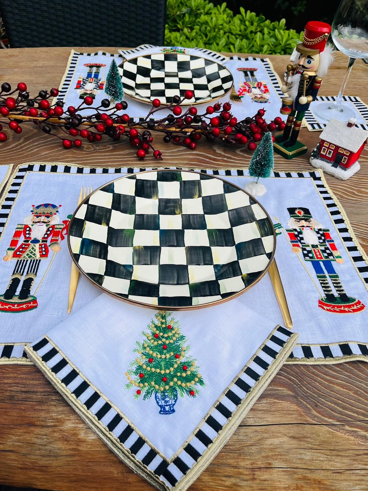 Nutcracker Pattern Linen Placemats | Black & White Embroidered Set | Christmas Table Design