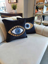 Throw Pillow Set - Evil Eye Pillow Covers - Black Velvet Throw Pillows - Gold & Blue Sequin Accent Cushions - Amulet Bad Vibes Protector