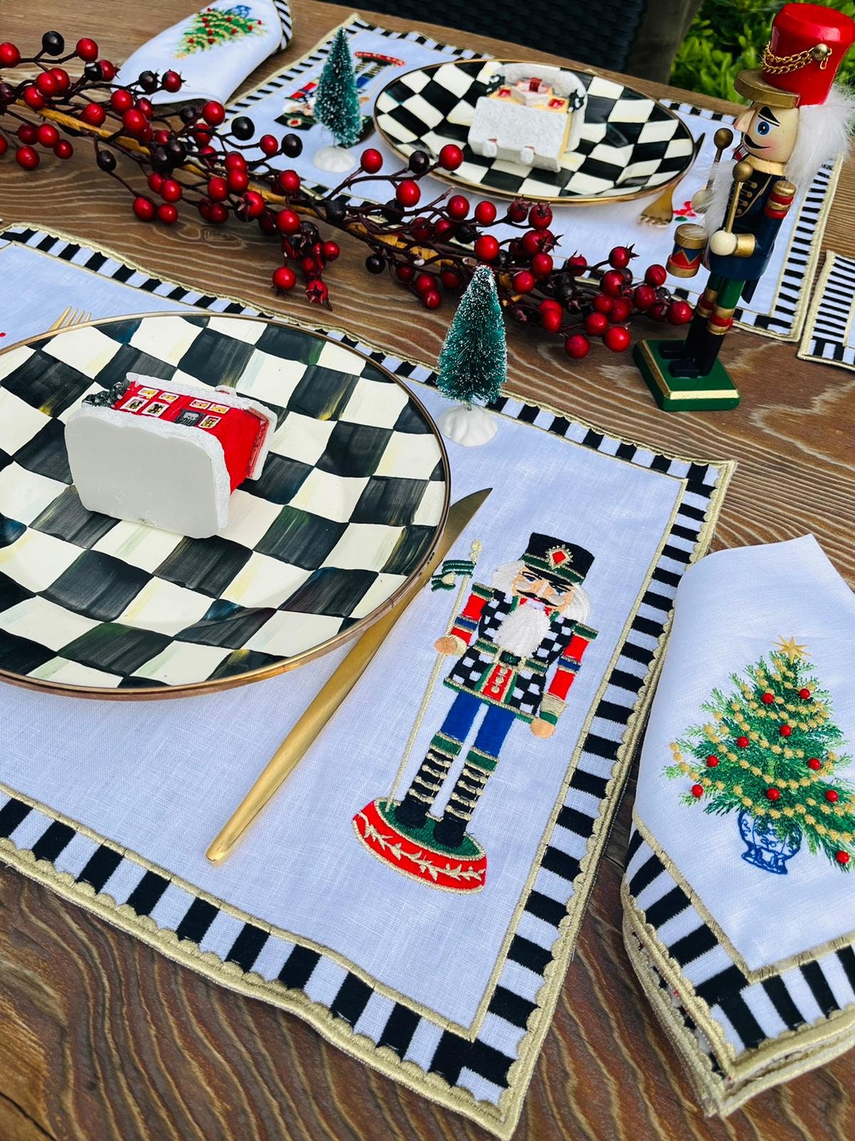 Nutcracker Pattern Linen Placemats | Black & White Embroidered Set | Christmas Table Design