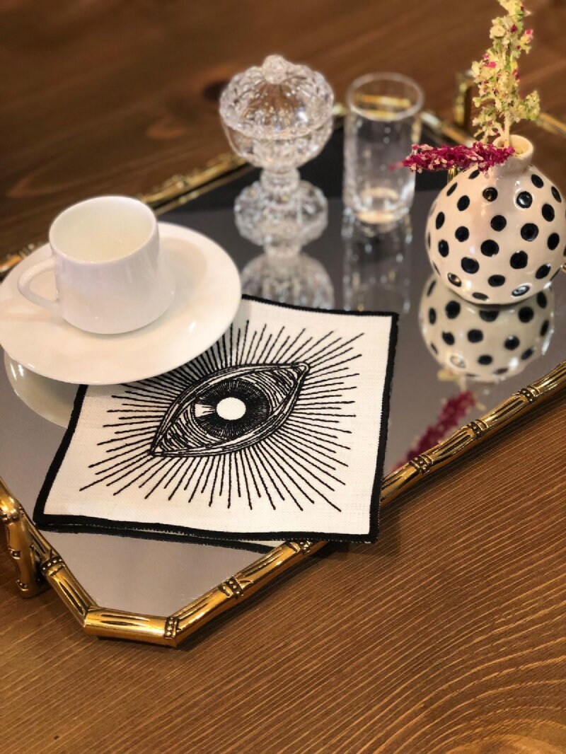 Eye Pattern White Linen Napkins - Embroidered Coffee Napkin - Black Cording Cocktail Napkin Set of 2, 4, 6, 8 - Unique Beverage Presentation