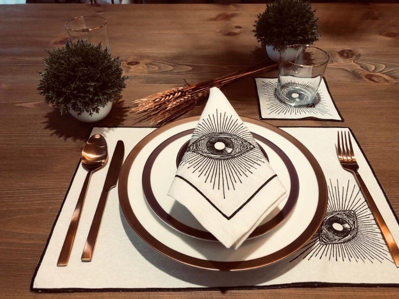 White Linen Placemats | Embroidered Eye Design | Boho Table Linen Set