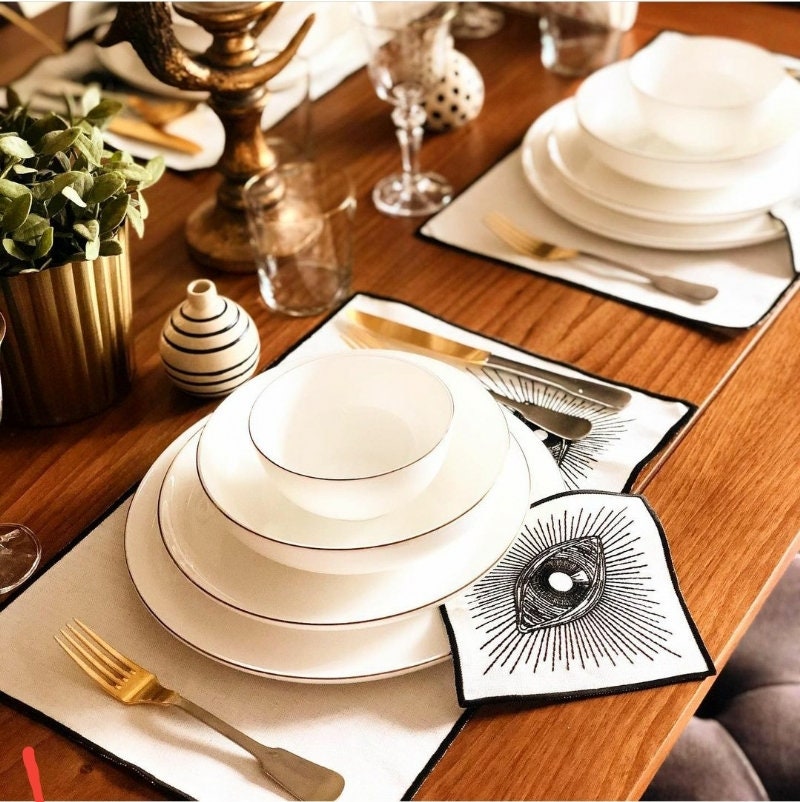 White Linen Placemats | Embroidered Eye Design | Boho Table Linen Set