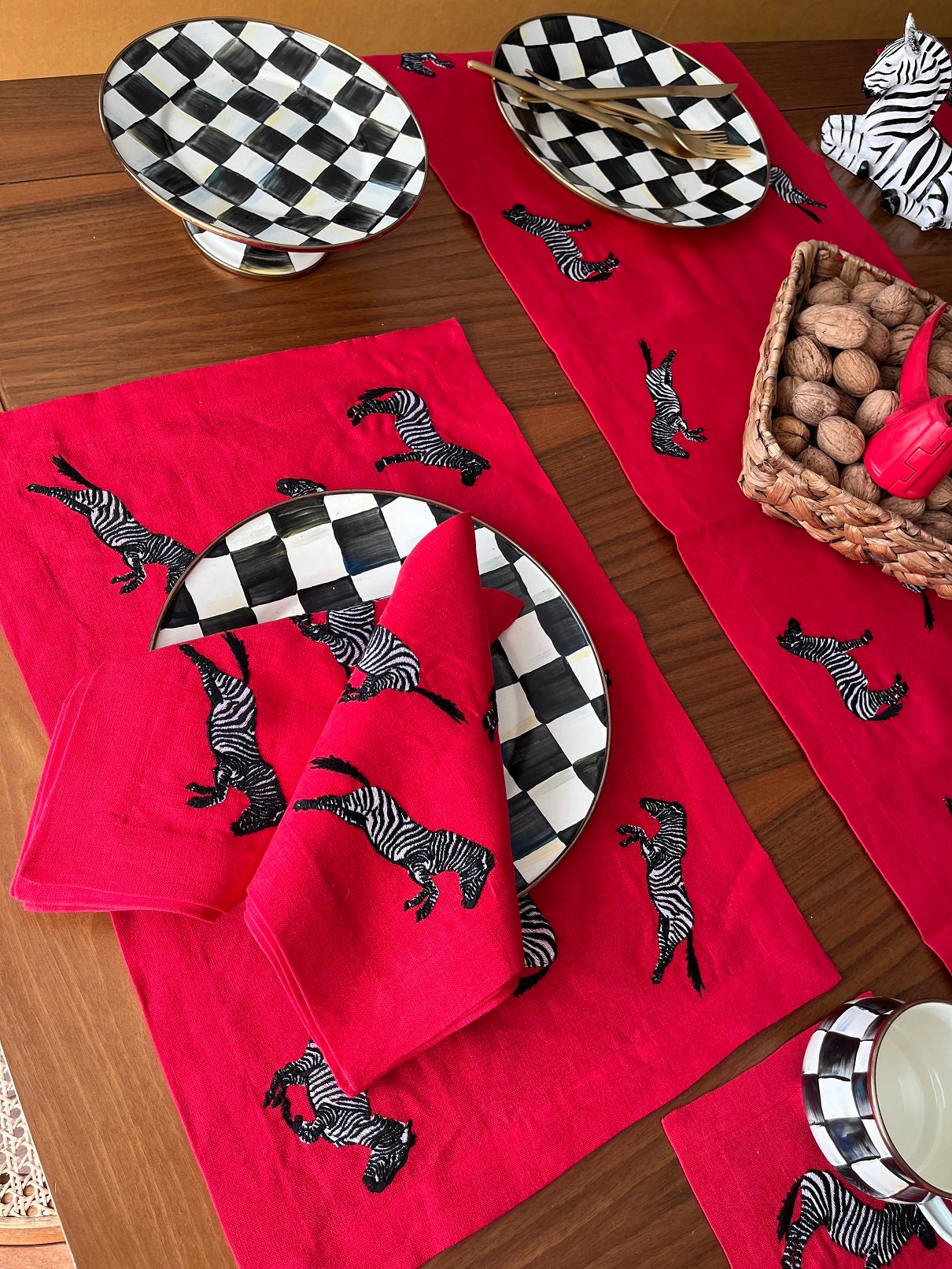 Zebra Pattern Red Linen Placemats | Embroidered Table Linen Set | Christmas Table Decor