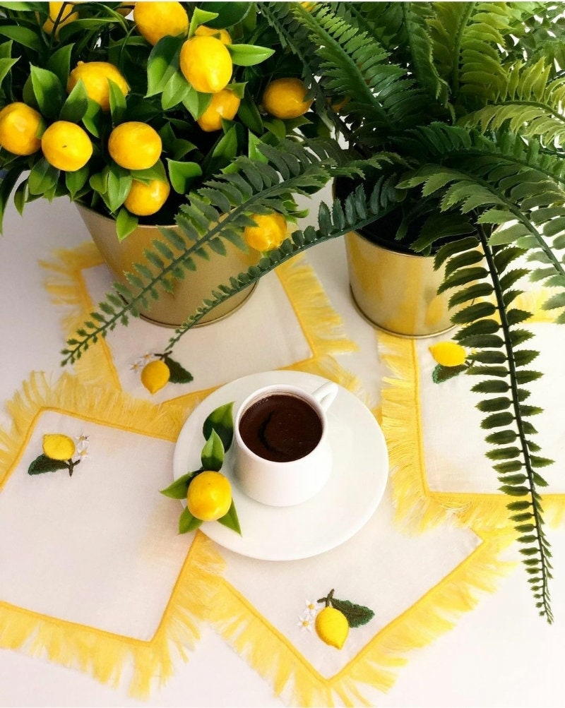 Decorative Lemon Pattern Linen Napkins - Embroidered Coffee Presentation - Yellow Fringe Cocktail Napkin Set of 2