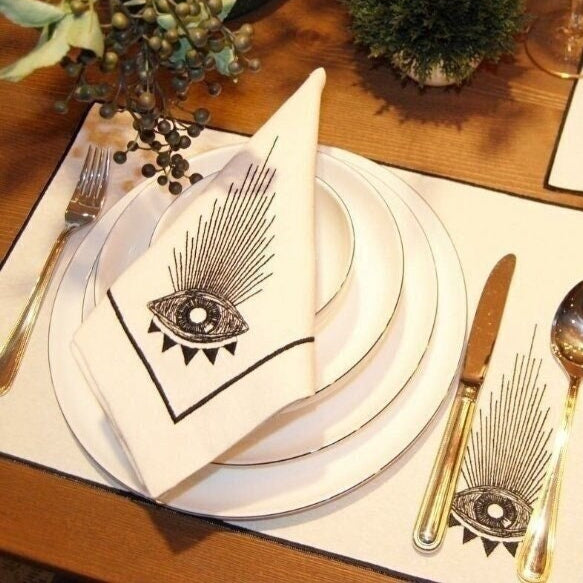 White Linen Placemats | Embroidered Eye Pattern | Decorative Table Linen Set