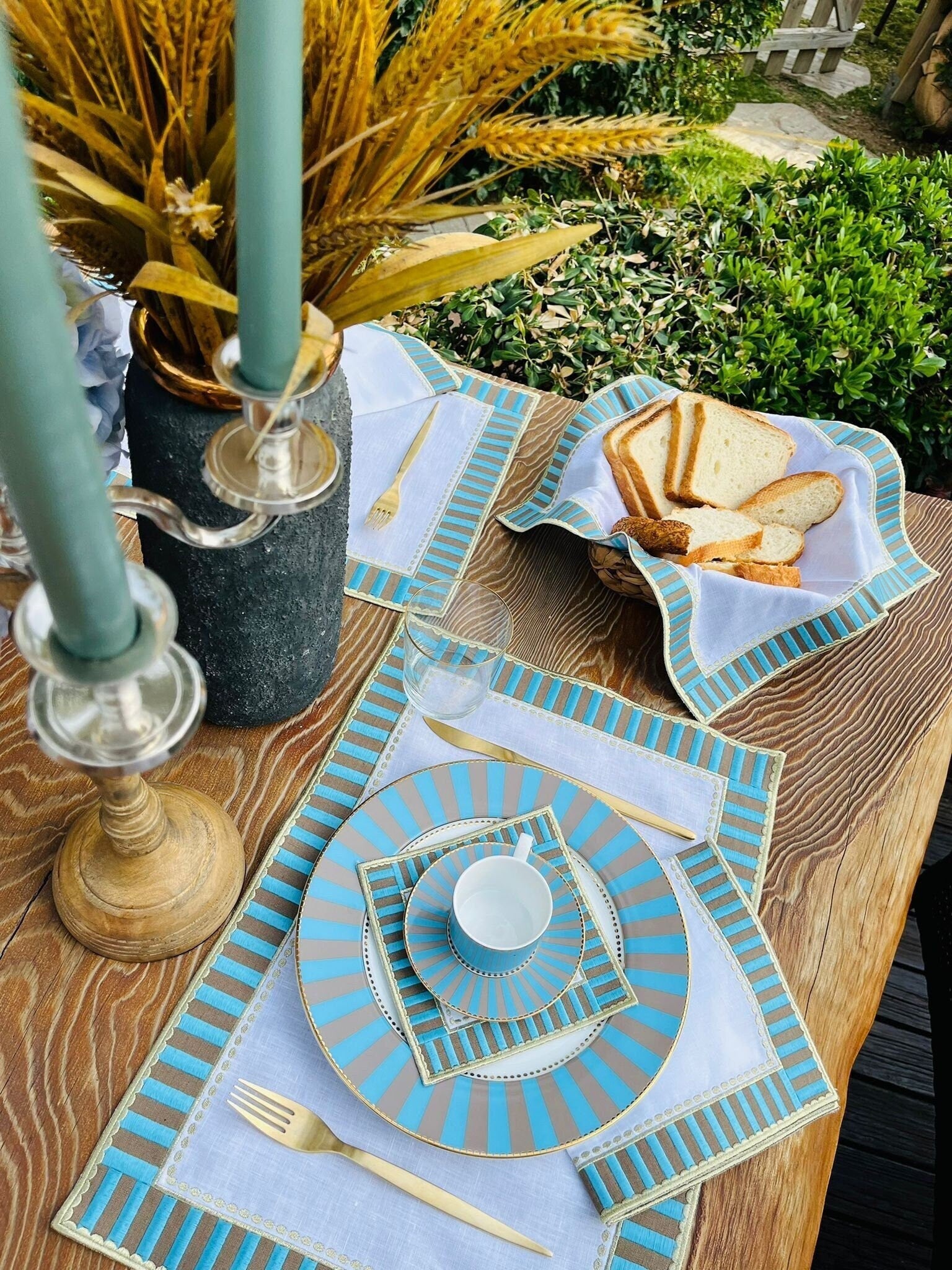 Blue Checkered Cloth Placemat - Decorative Linen Placemat Set of 2, 4, 6, 8 - Embroidered  Blue & Gray Checkers Placemat - 14 x 20 inch