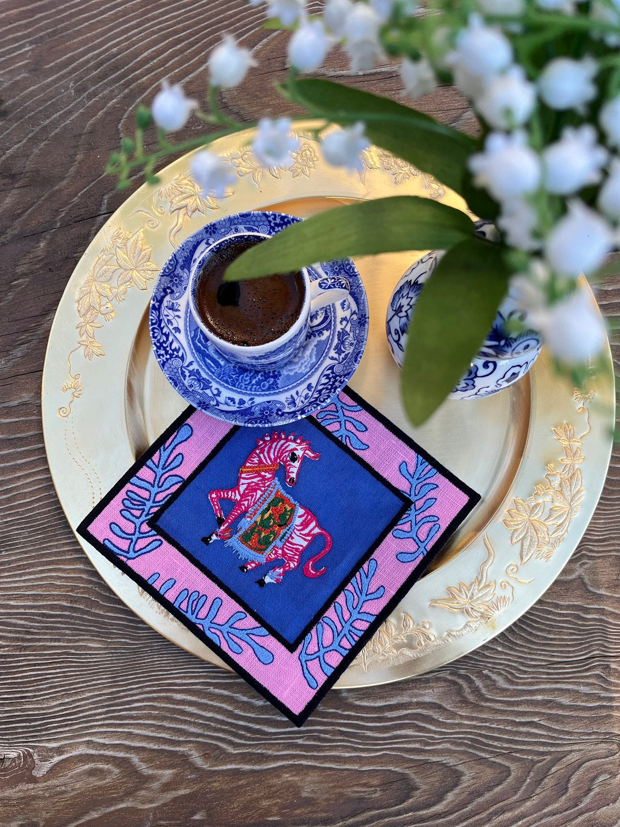 Zebra Pattern Blue Linen Napkins -  Coral Embroidered Coffee Coaster - Beverage & Cocktail Napkin Set of 2, 4, 6, 8 - Animal Print Linen