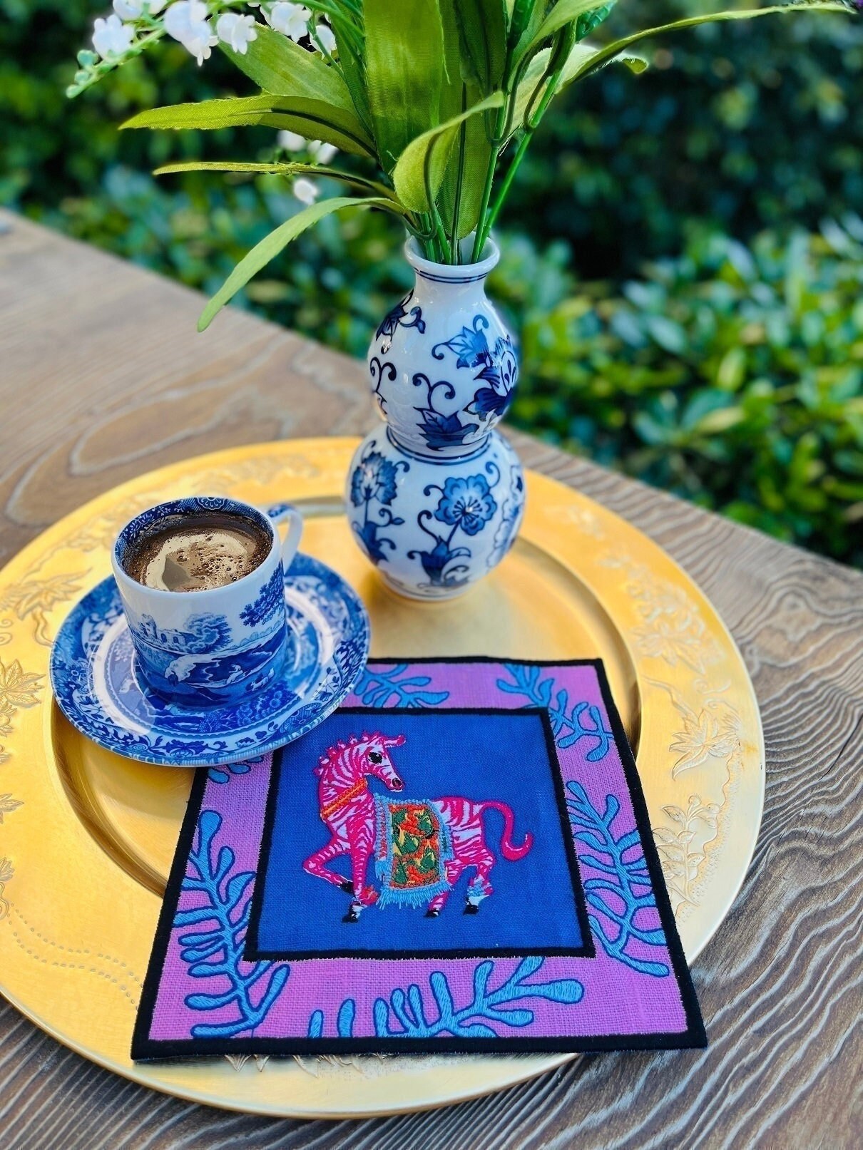 Zebra Pattern Blue Linen Napkins -  Coral Embroidered Coffee Coaster - Beverage & Cocktail Napkin Set of 2, 4, 6, 8 - Animal Print Linen