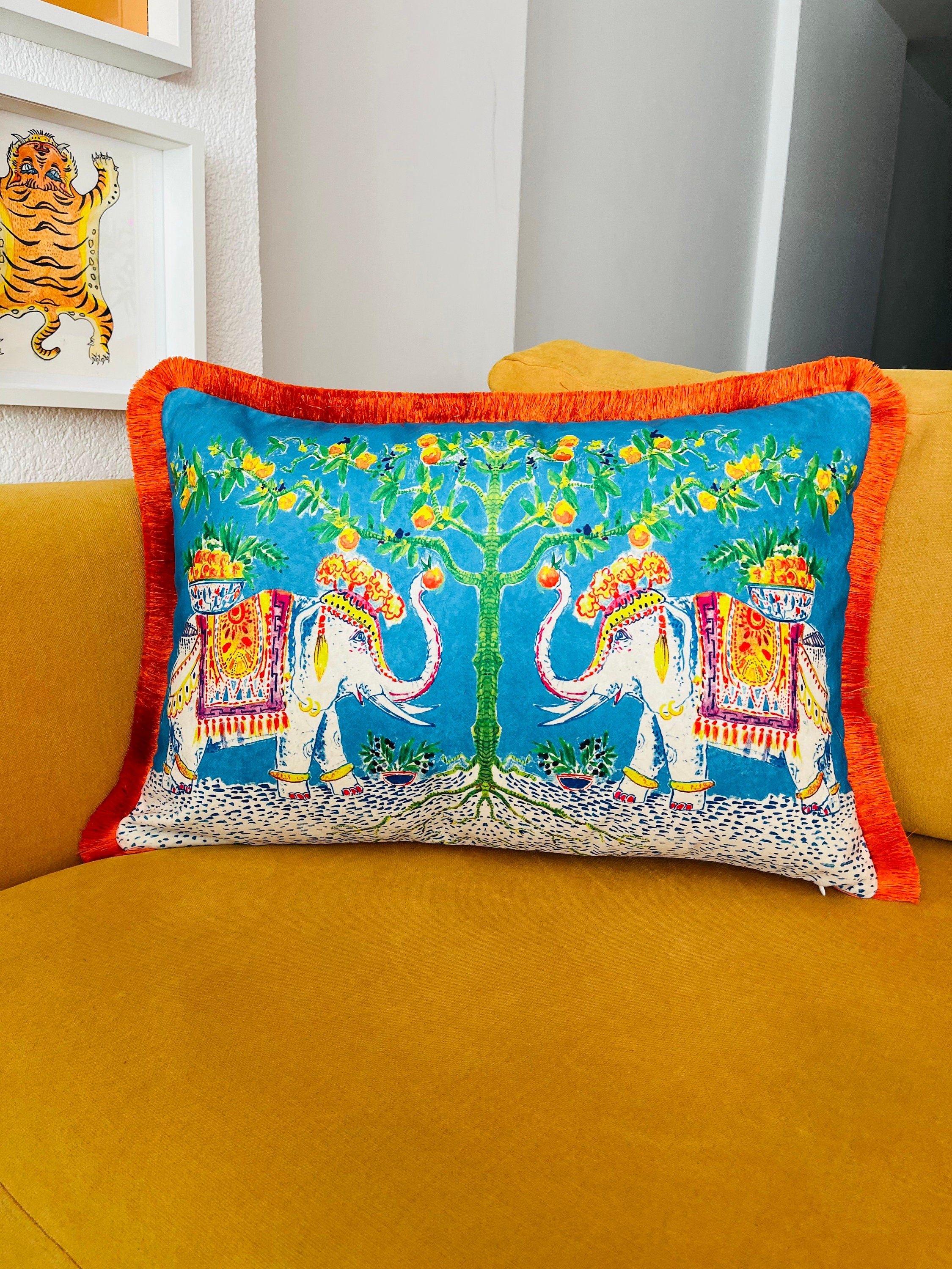 Elephant Pattern Throw Pillow Cover - Turquoise Velvet Pillow - Orange Tassel Cushion - Decorative Home Decor Pillow - Animal Print Pillow