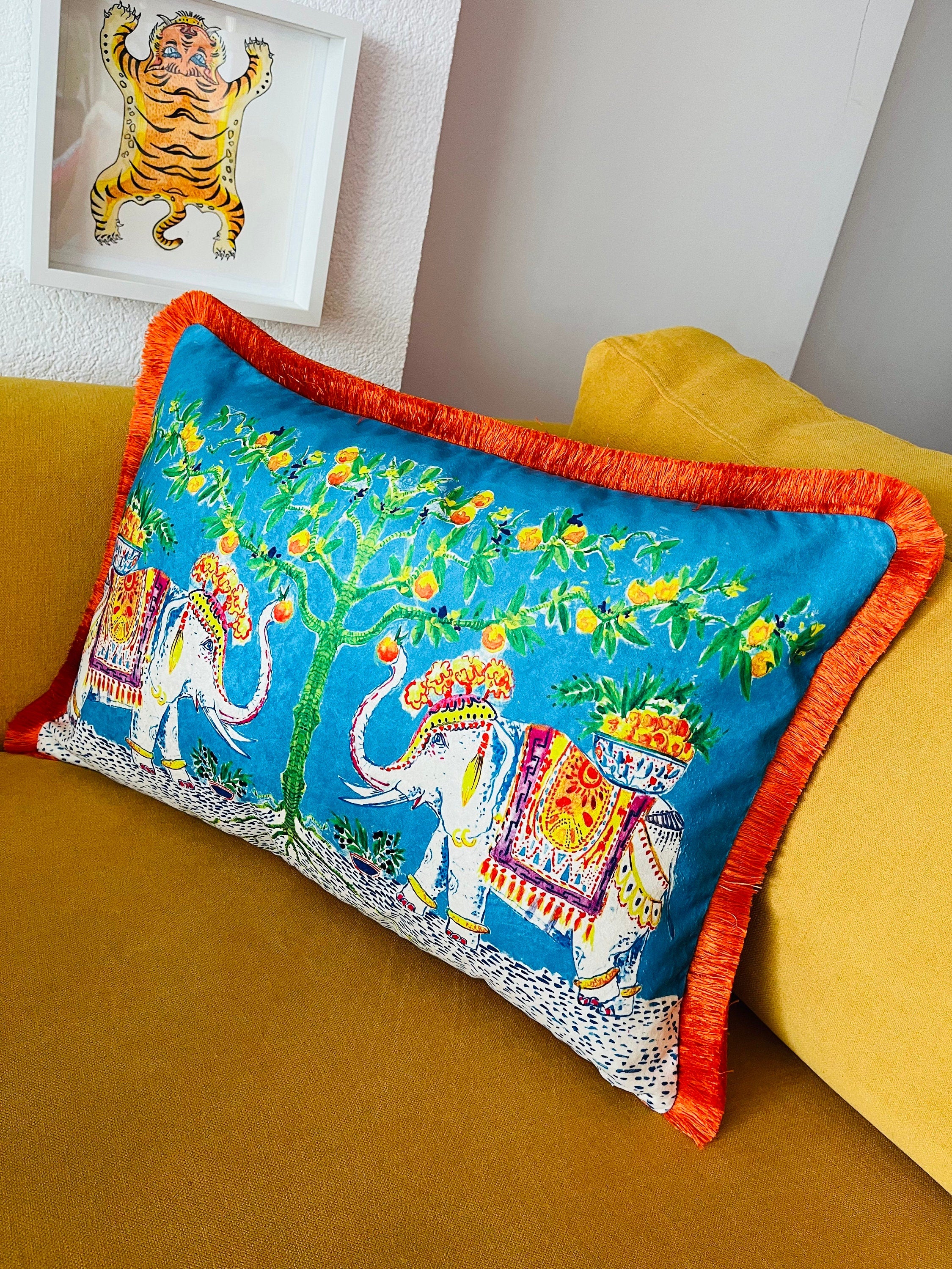 Elephant Pattern Throw Pillow Cover - Turquoise Velvet Pillow - Orange Tassel Cushion - Decorative Home Decor Pillow - Animal Print Pillow