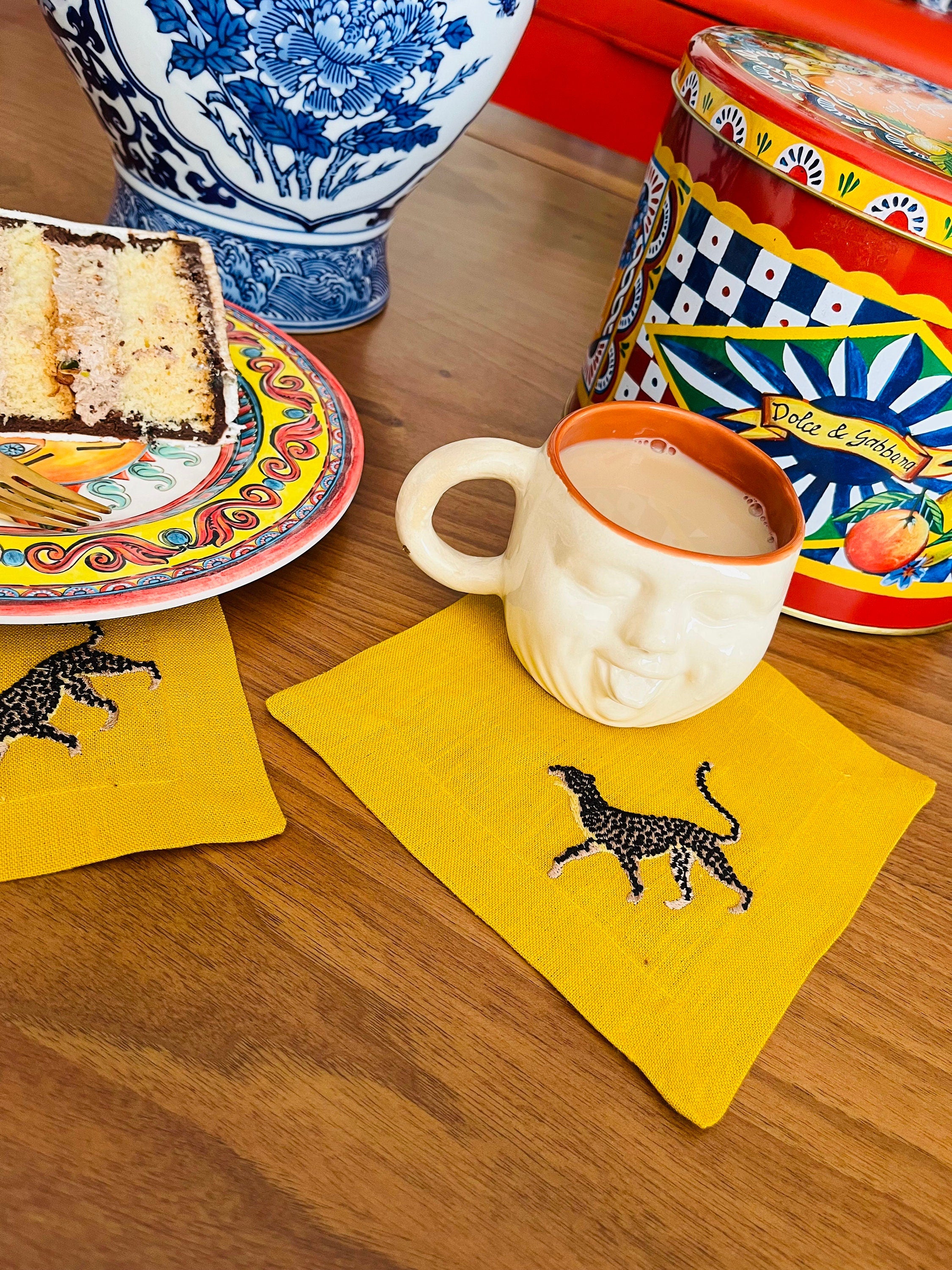 Decorative Leopard Pattern Linen Napkins - Mustard Linen Cocktail Napkins Set of 2, 4, 6, 8 - Unique Coffee & Beverage Presentation Linens