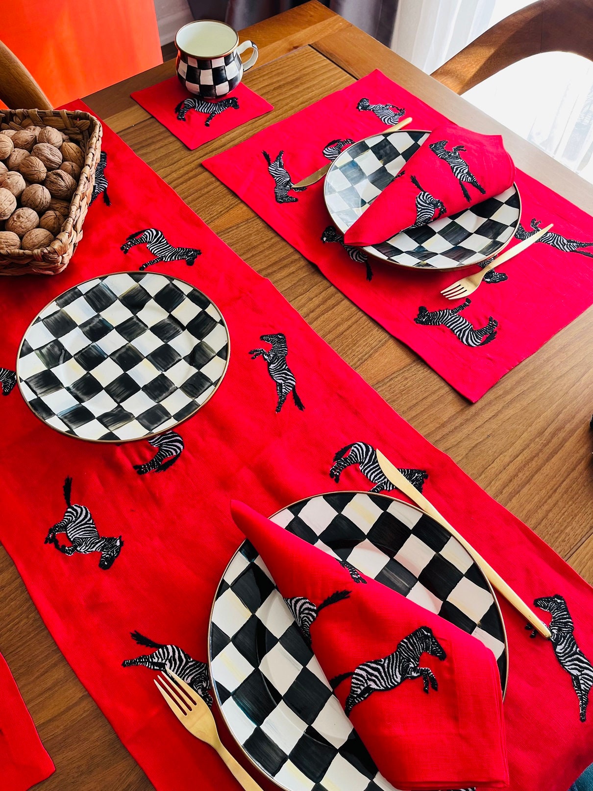 Zebra Pattern Red Linen Placemats | Embroidered Table Linen Set | Christmas Table Decor