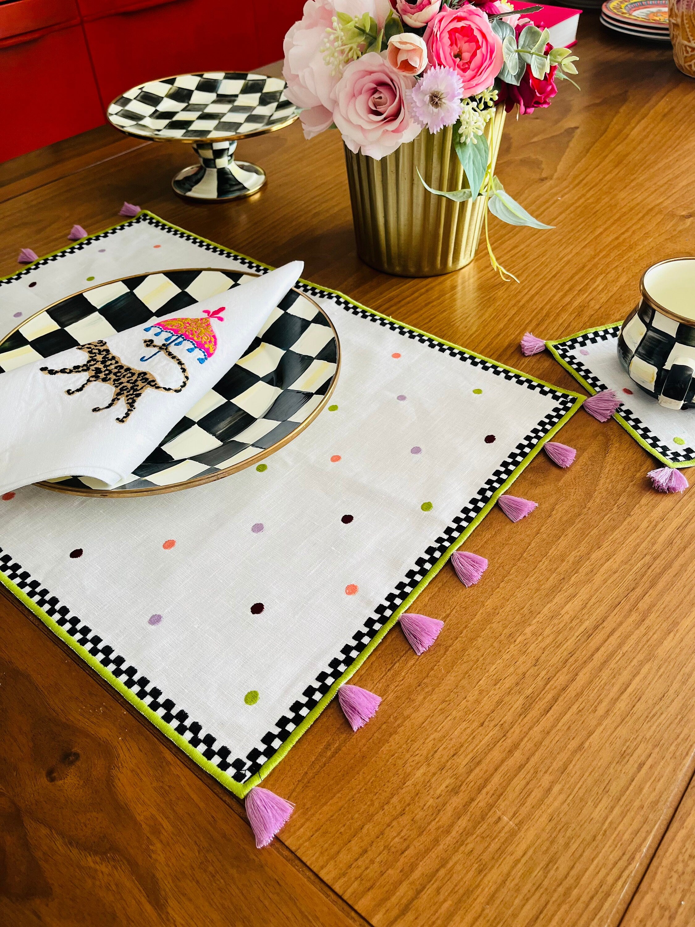 Polka Dotted White Linen Placemats | Purple Tassels | Checkered Embroidery & Green Cording