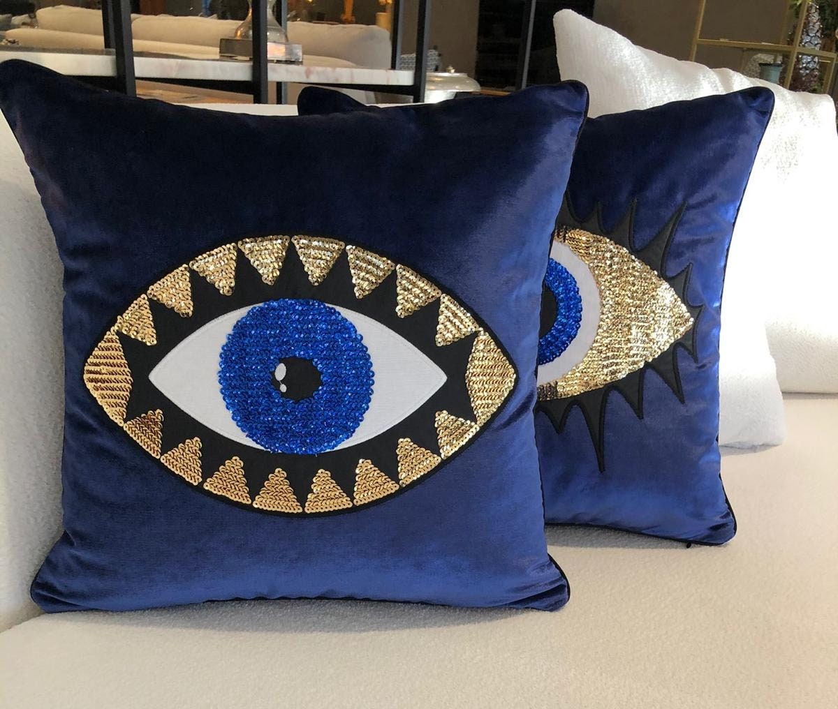 Decorative Evil Eye Pattern Throw Pillow Cover For Couch – Eye-Catching Midnight Blue Velvet Cushion Cover – Unique Home Decoration Pillow