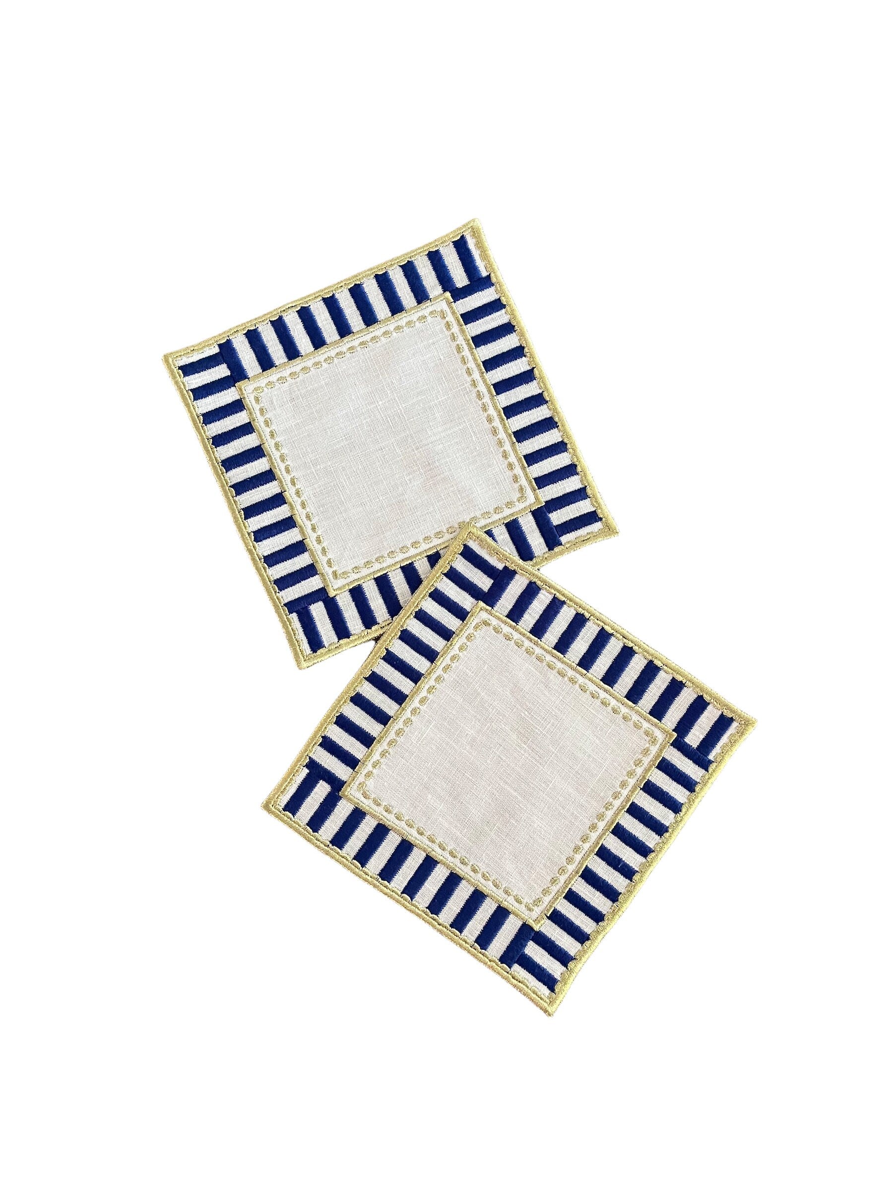 Decorative Linen Napkins For Coffee Tables - Blue & White Embroidered Linen Napkins - Gold Detailed Coasters - Eye Catching Cocktail Napkins