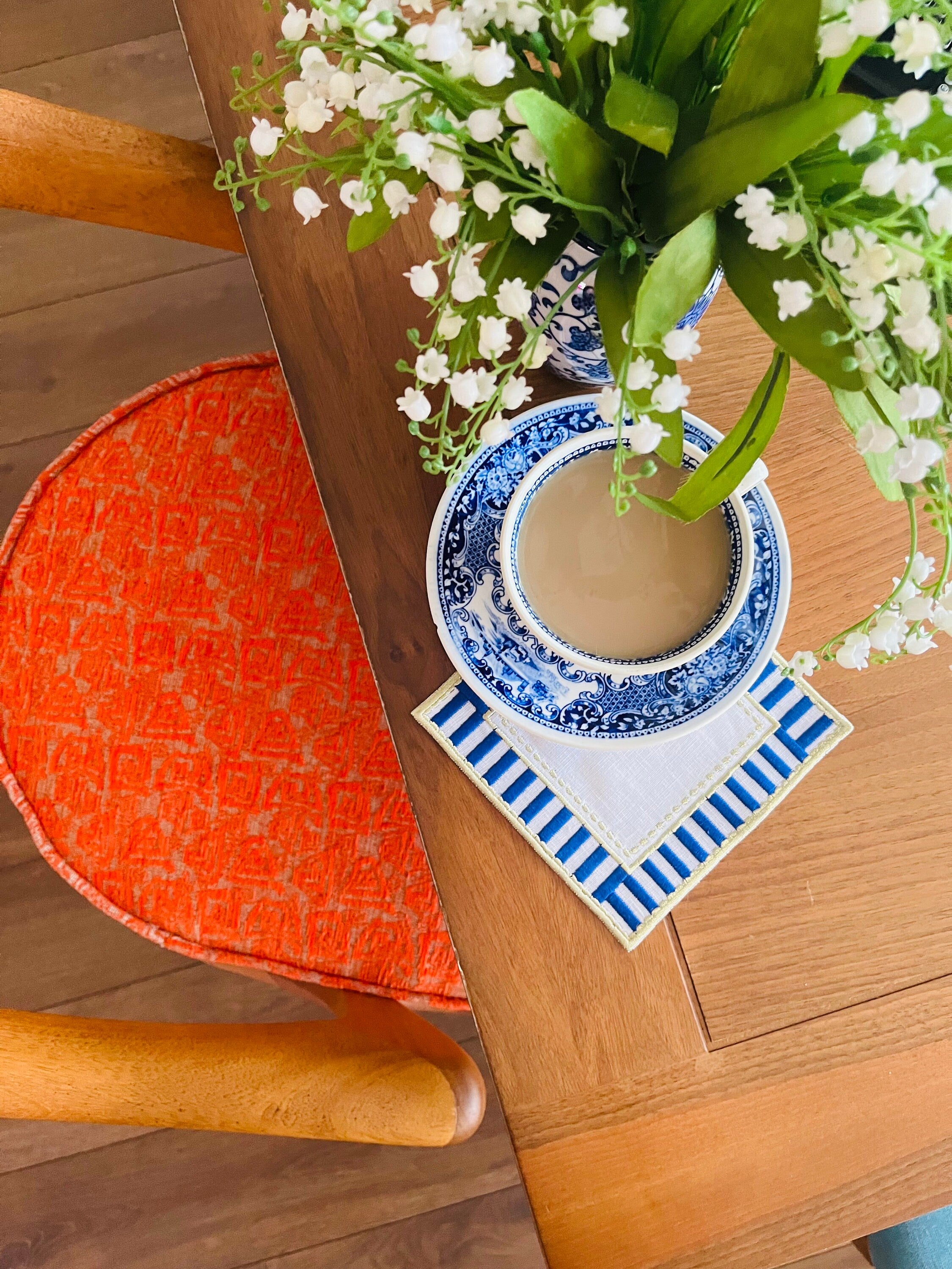 Decorative Linen Napkins For Coffee Tables - Blue & White Embroidered Linen Napkins - Gold Detailed Coasters - Eye Catching Cocktail Napkins