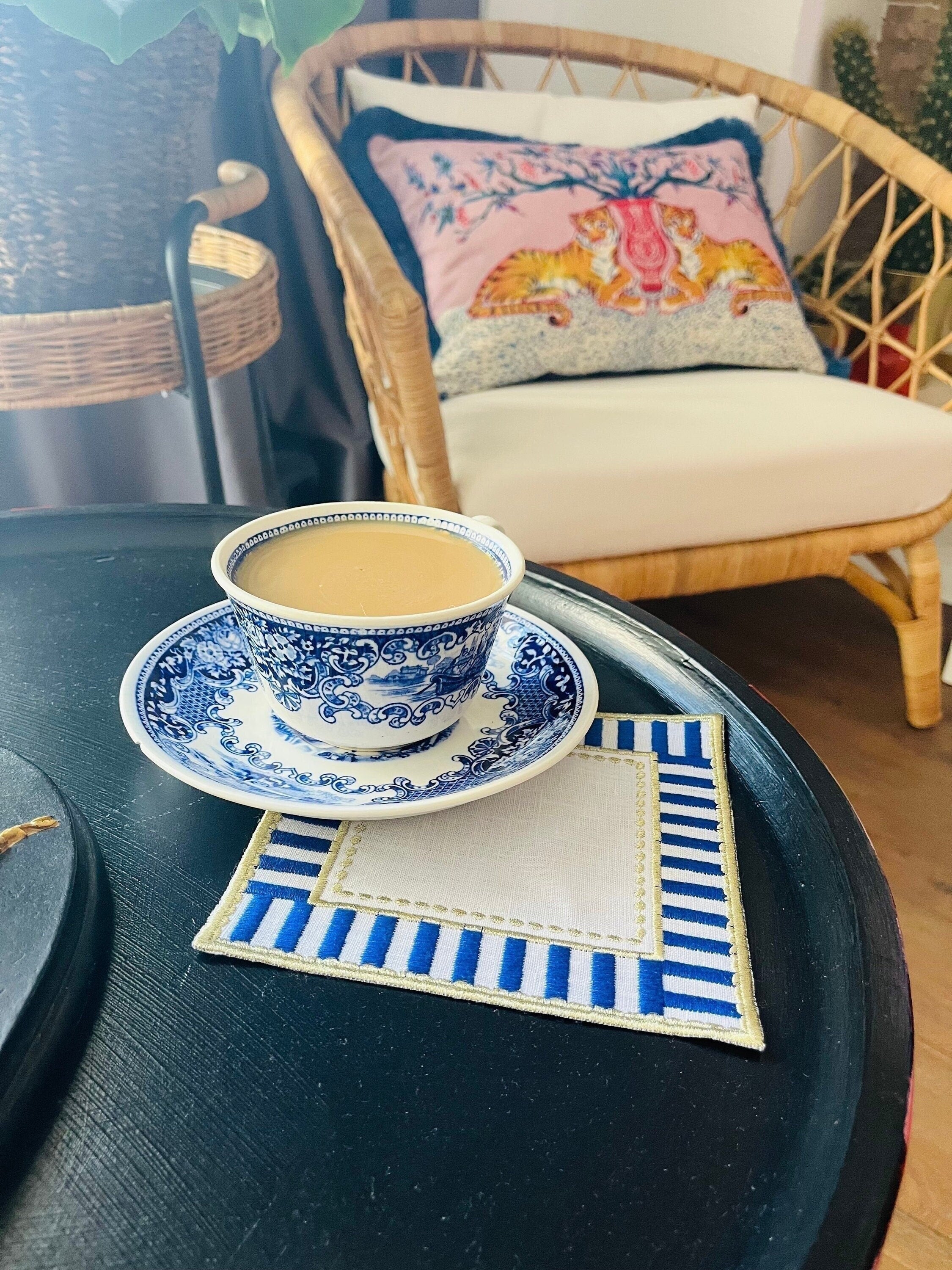 Decorative Linen Napkins For Coffee Tables - Blue & White Embroidered Linen Napkins - Gold Detailed Coasters - Eye Catching Cocktail Napkins