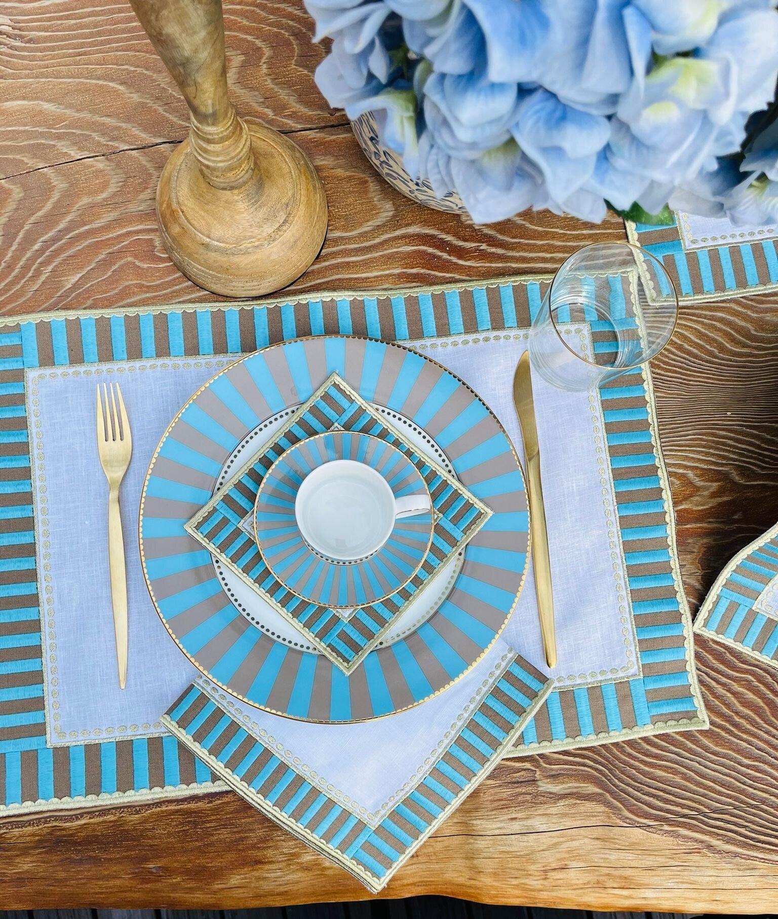 Blue Checkered Cloth Placemat - Decorative Linen Placemat Set of 2, 4, 6, 8 - Embroidered  Blue & Gray Checkers Placemat - 14 x 20 inch