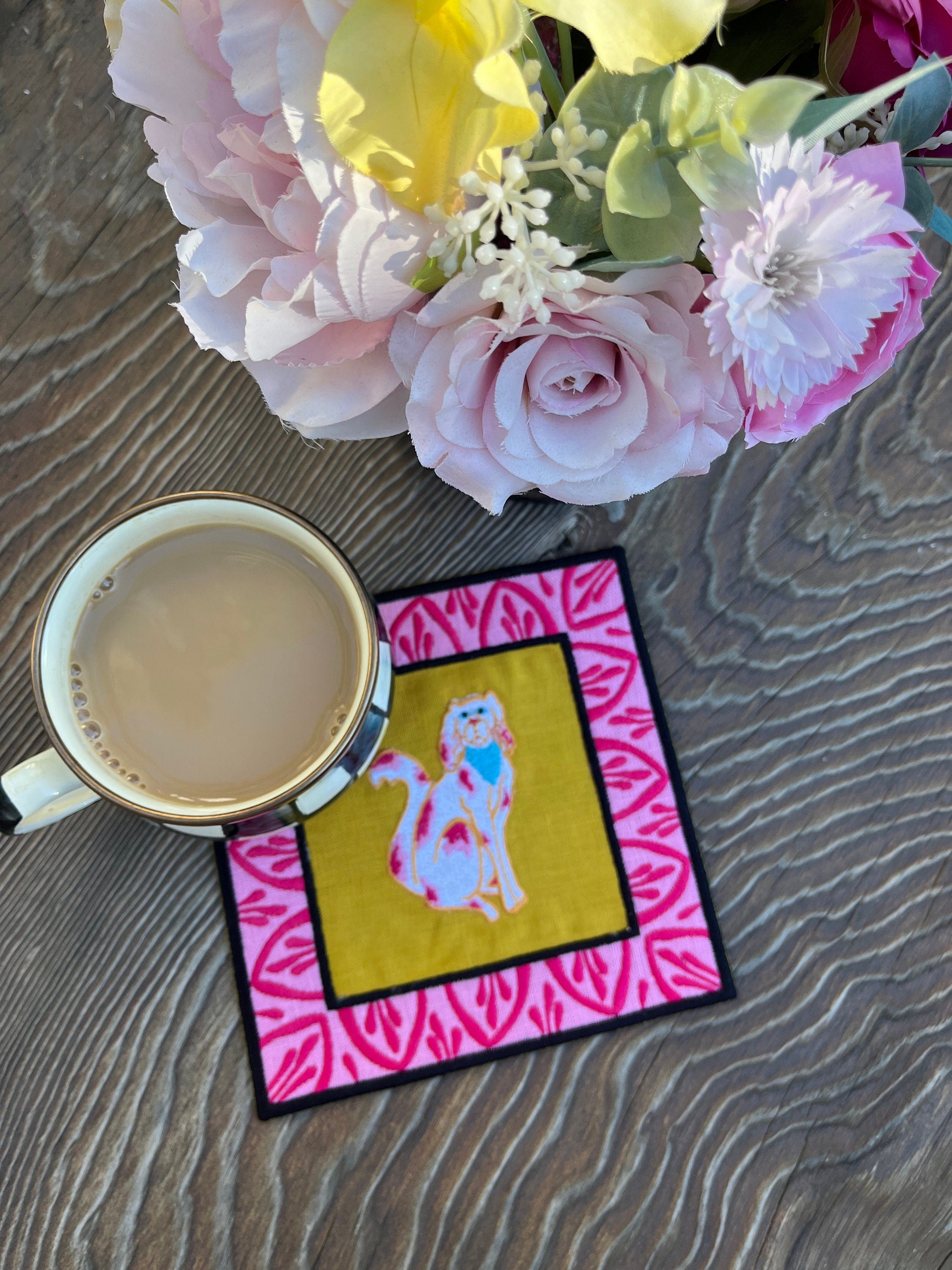 Cocktail Napkins Chinoiserie Chic Staffordshire Dogs - Pink Linen Coaster - Pink Coffee Napkin Set of 2 - 4 - 6 - 8  High Quality 100% Linen