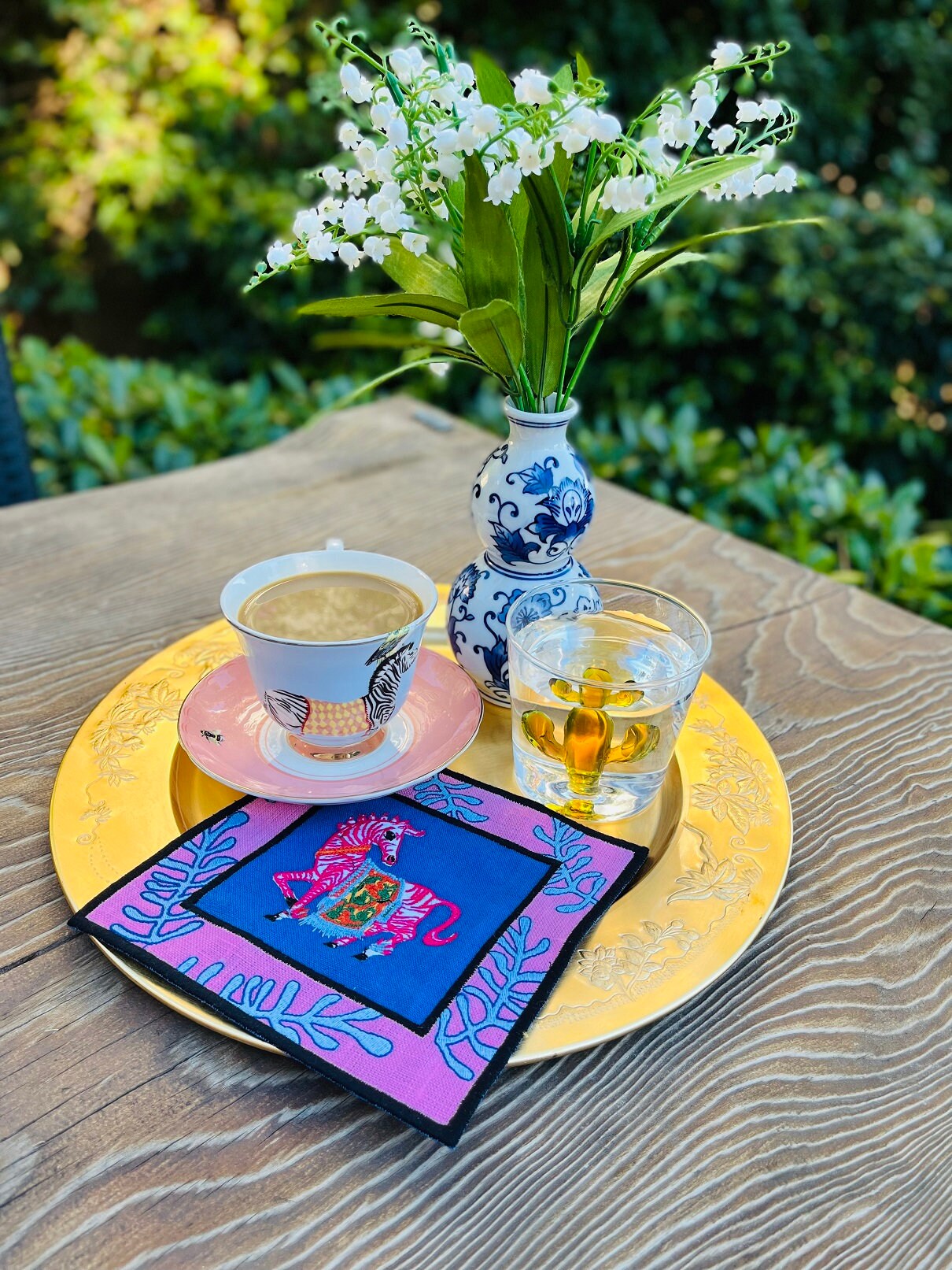 Zebra Pattern Blue Linen Napkins -  Coral Embroidered Coffee Coaster - Beverage & Cocktail Napkin Set of 2, 4, 6, 8 - Animal Print Linen