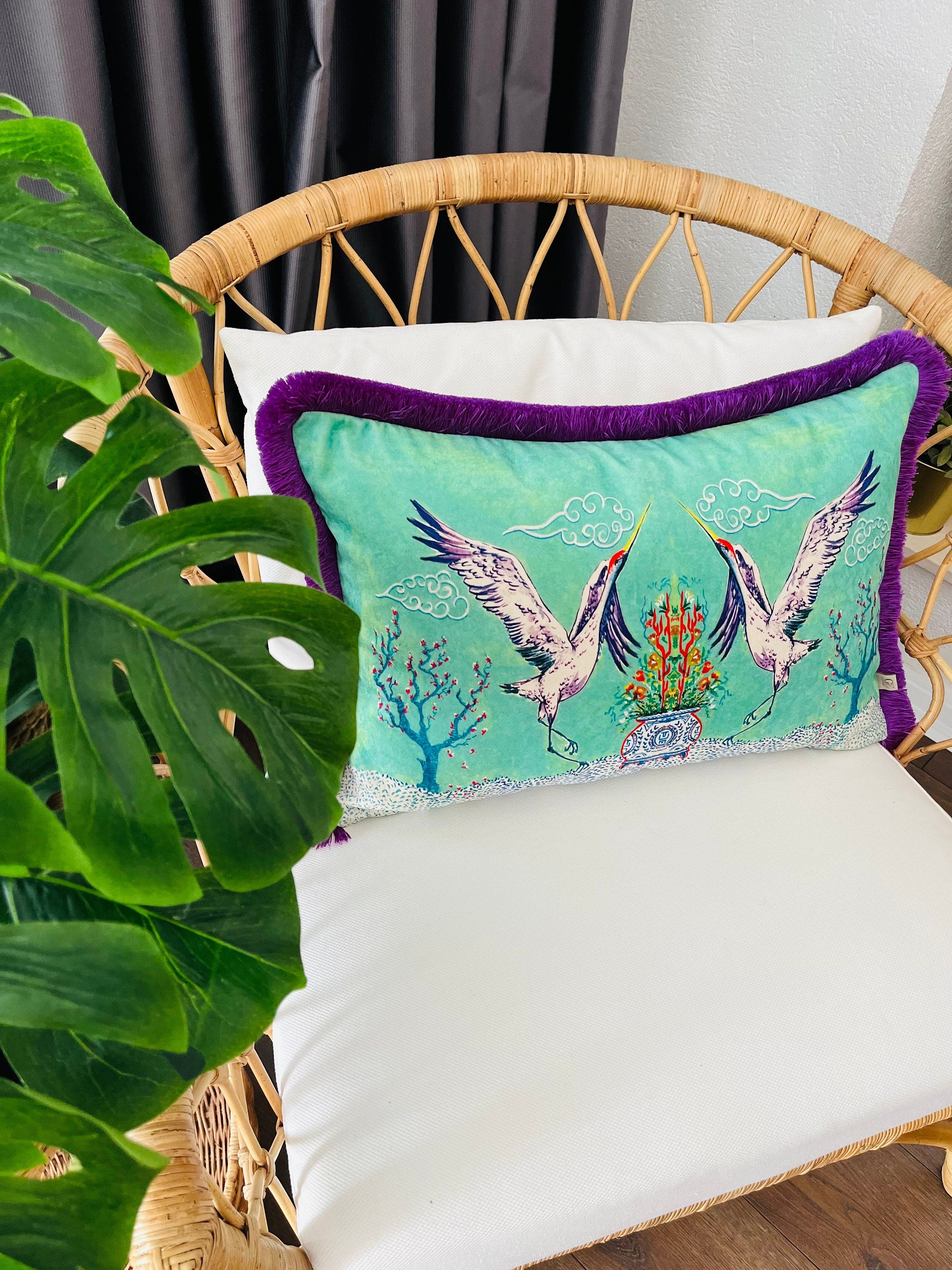 Crane Pattern Throw Pillow Cover - Sea Green Velvet Pillow - Purple Tassel Cushion - Decorative Home Decor Pillow - Animal Print Pillow