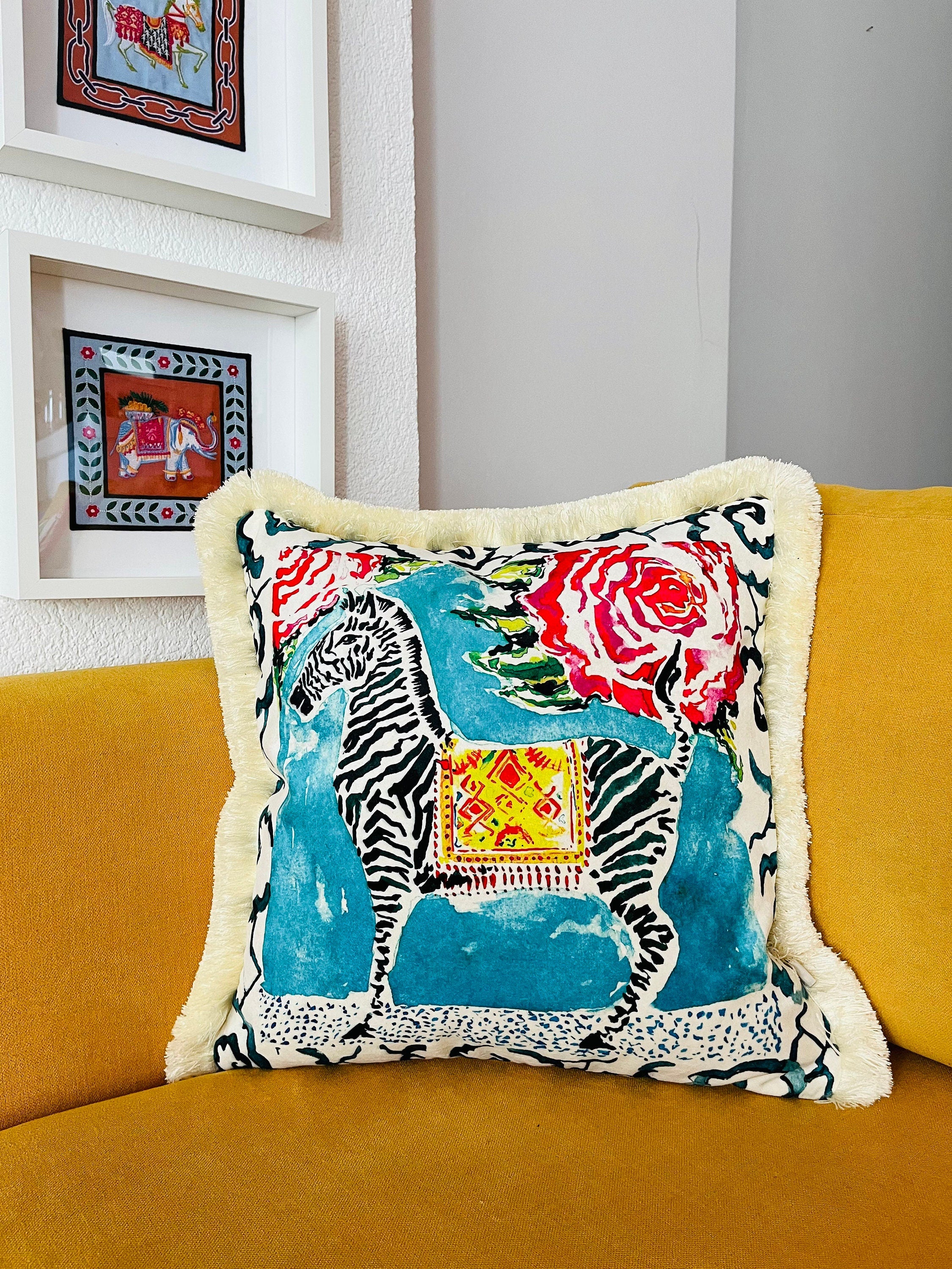 Zebra Pattern Throw Pillow Cover | Animal Print Velvet Cushion | Watercolor Painting Home Decor