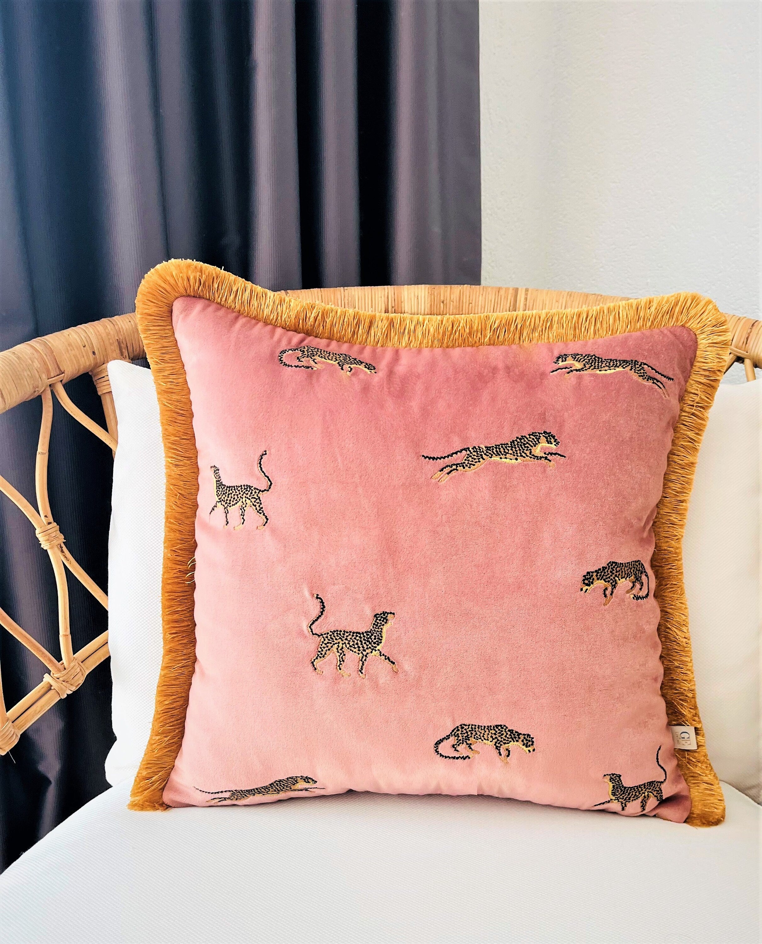 Leopard Pattern Throw Pillow | Pink Velvet Pillow Case | Copper Tassel Cushion Cover | Boho Home Decor Pillow | Decorative Accent Pillow