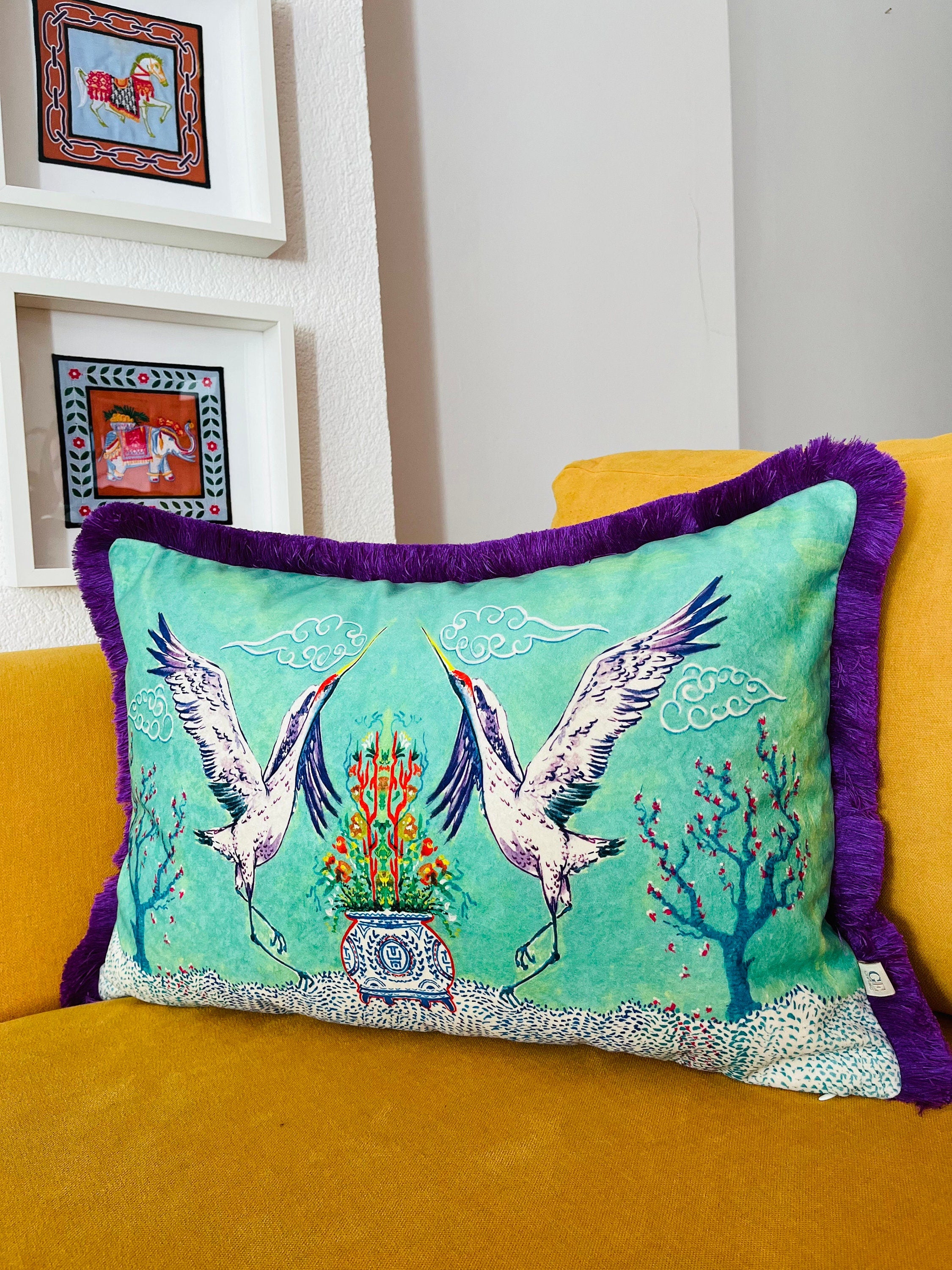 Crane Pattern Throw Pillow Cover - Sea Green Velvet Pillow - Purple Tassel Cushion - Decorative Home Decor Pillow - Animal Print Pillow