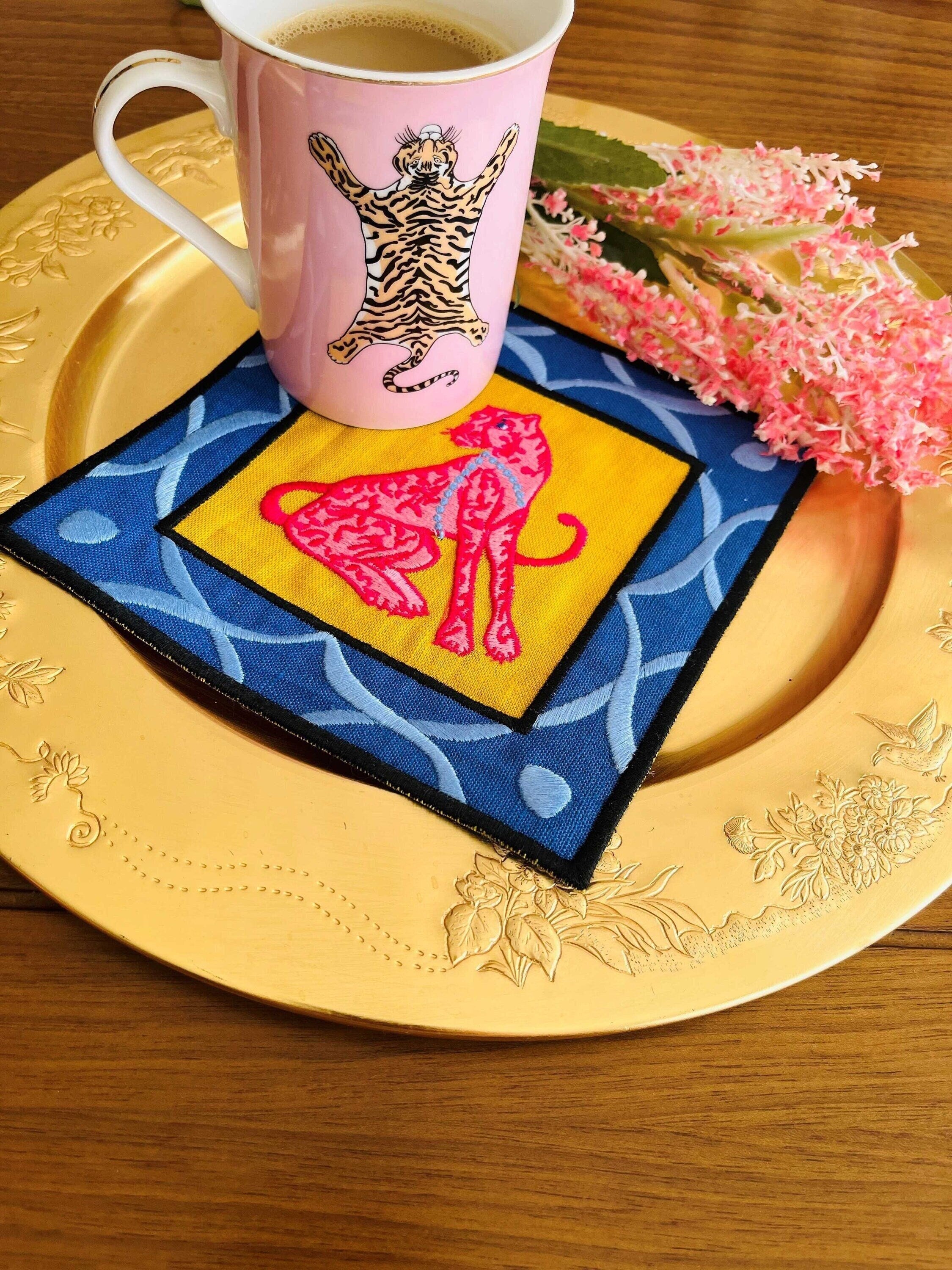 Pink Panther Cocktail Napkins - Mustard Linen Coffee Coaster - Beverage & Cocktail Napkin Set - Animal Print Cloth Linens