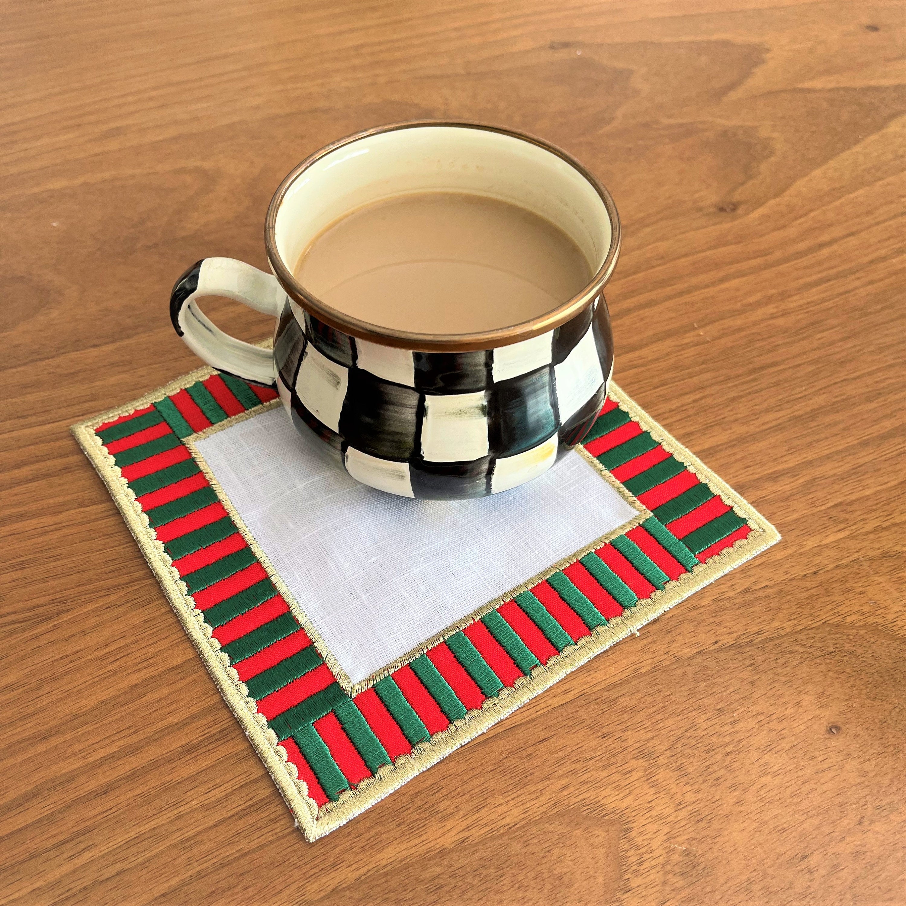 Decorative Christmas Checkers Linen Napkins - Cocktail Napkin Set of 2, 4, 6, 8 - Modern Coffee Presentation - Red & Green Gold Cording