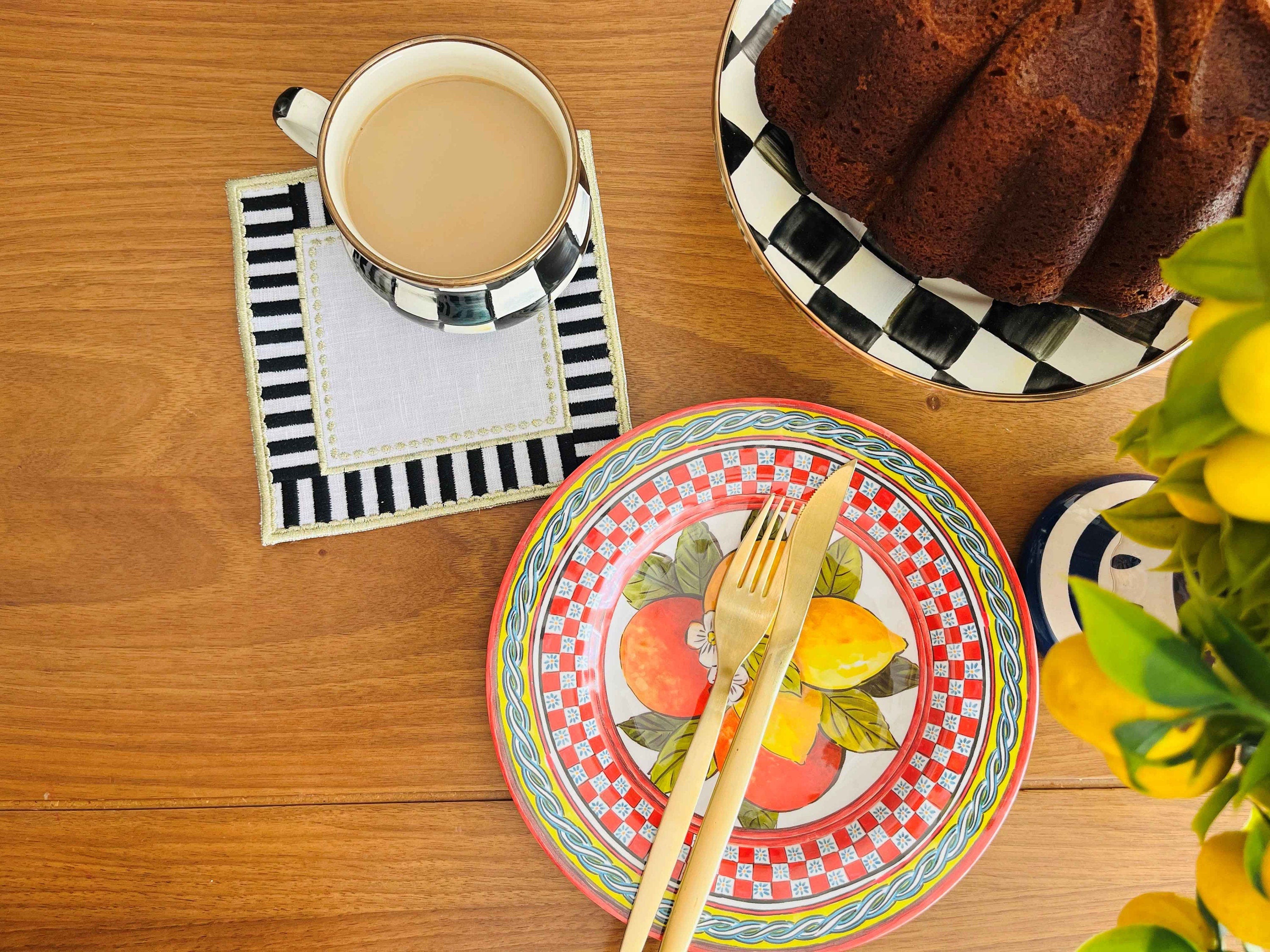 Decorative Black & White Checkered Linen Napkins - Candy Cocktail Napkin Set of 2