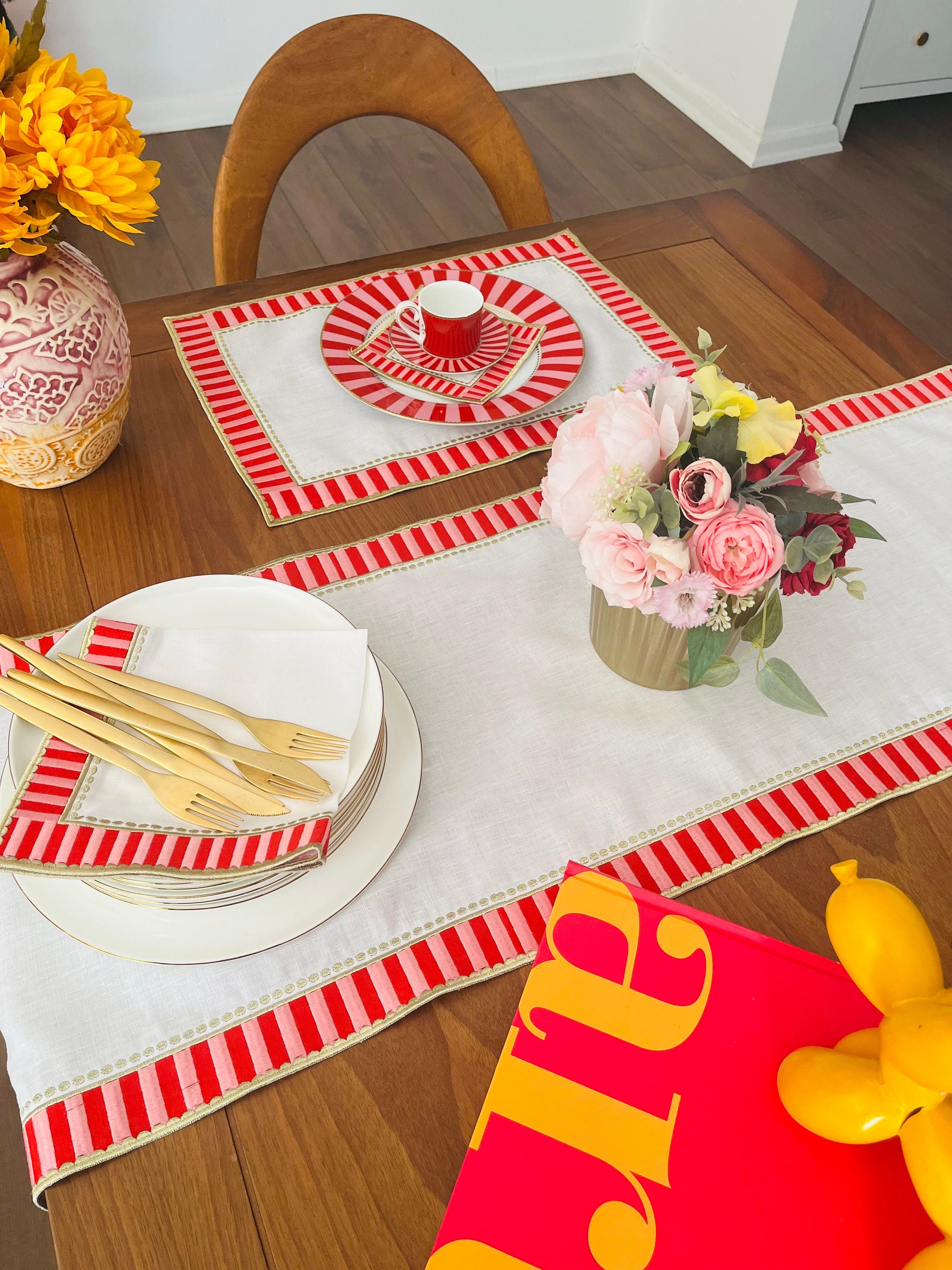 Pink Chekered White Table Runner - White Linen Table Cloth - Decorative Pink Embroidered Table Decor - 16 x 47 inches - Gold Color Cording