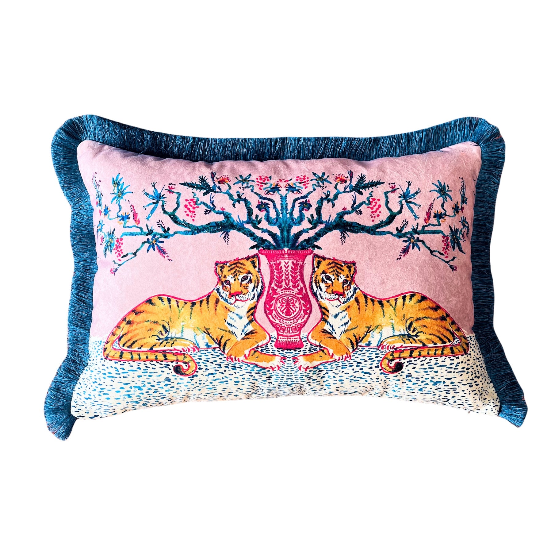 Tiger Pattern Throw Pillow Cover - Pink Velvet Pillow Case - Petrol Blue Tassel Cushion - Unique Home Decor - Animal Print Pillow