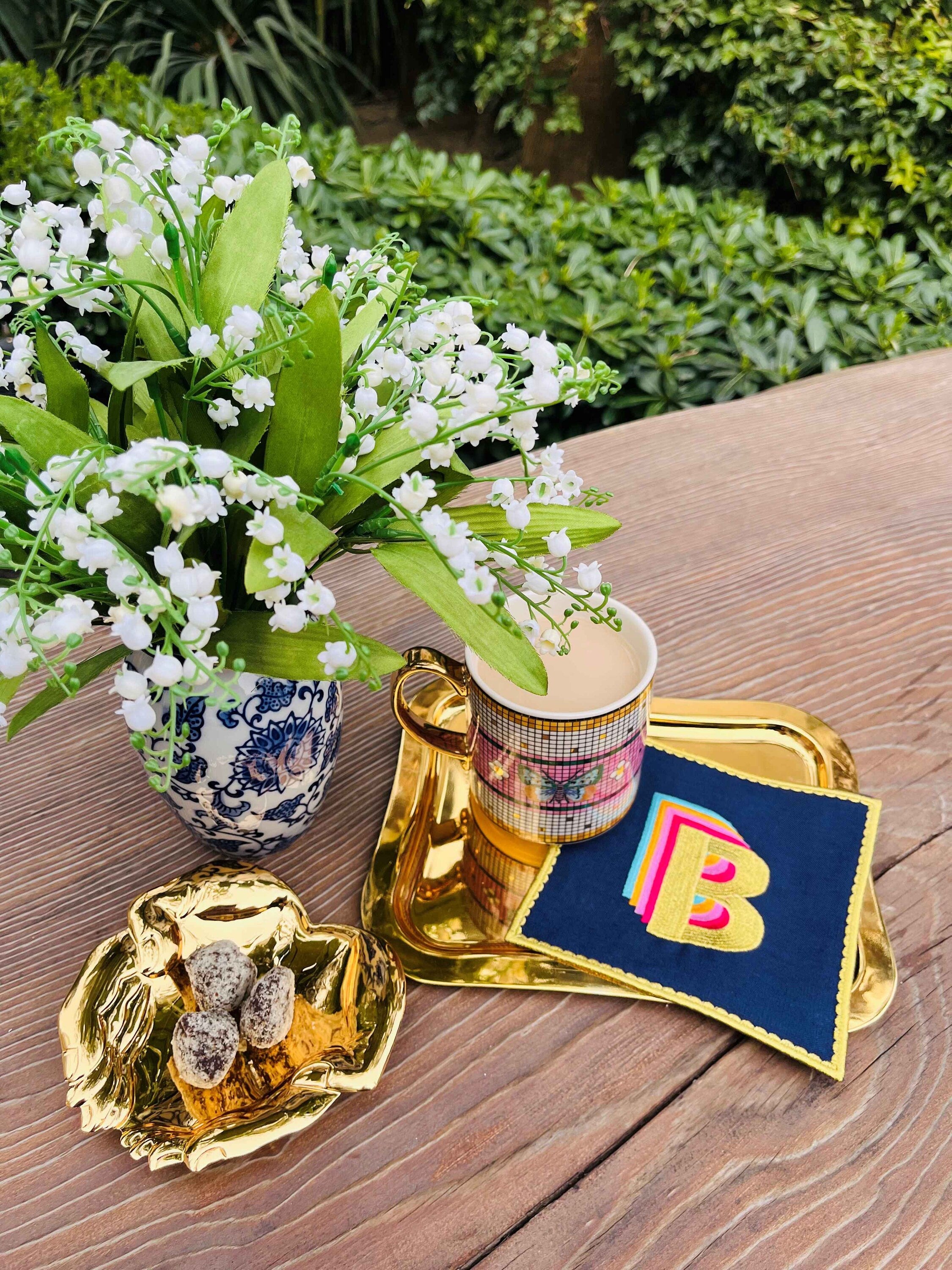 Customized Letter Napkins | Rainbow Embroidered Navy Linen | Gold Cording Coffee Decor