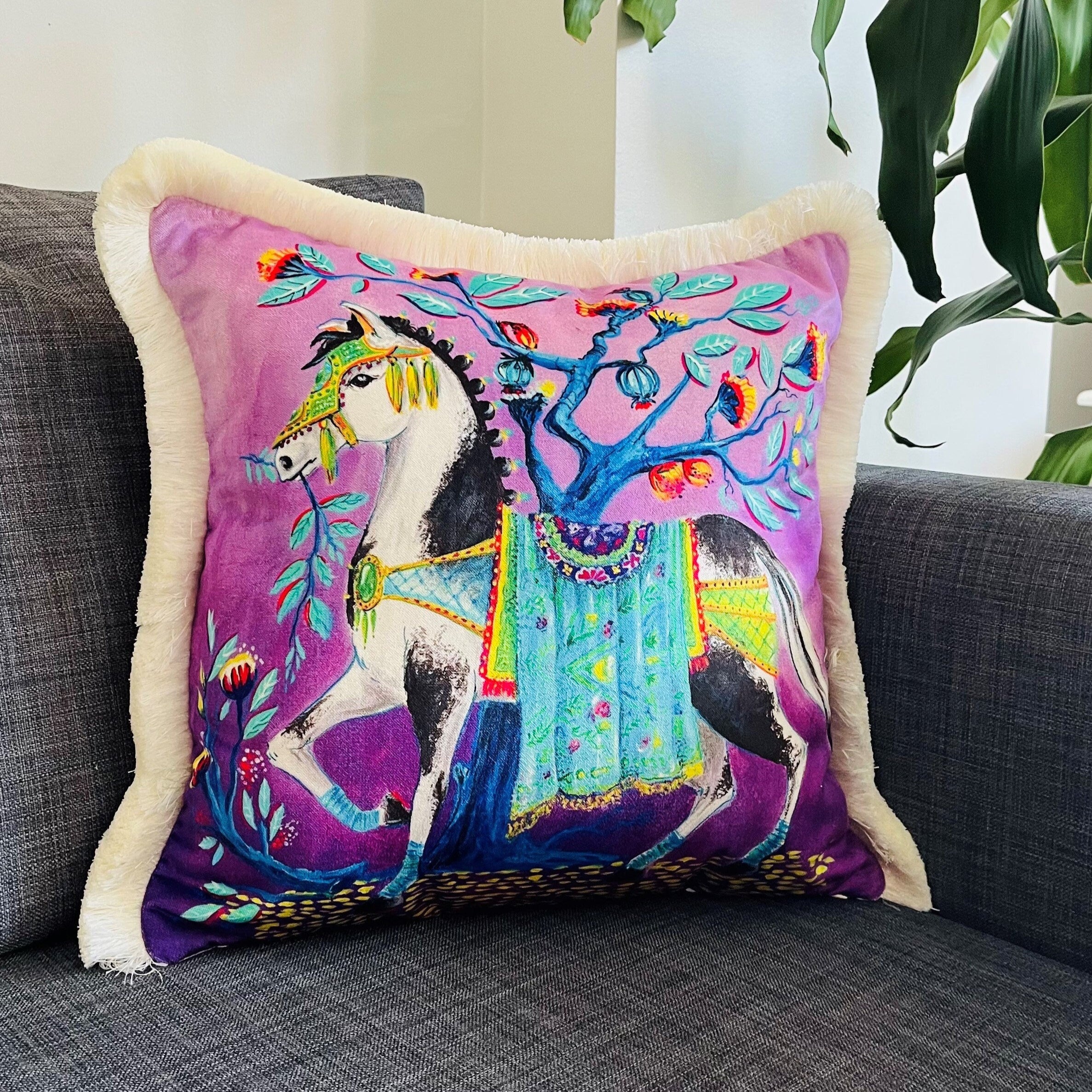 Mustang Horse Pattern Pillow Cover | Purple Velvet Animal Print Cushion | Cream Tassel Decor | Symbol of Power