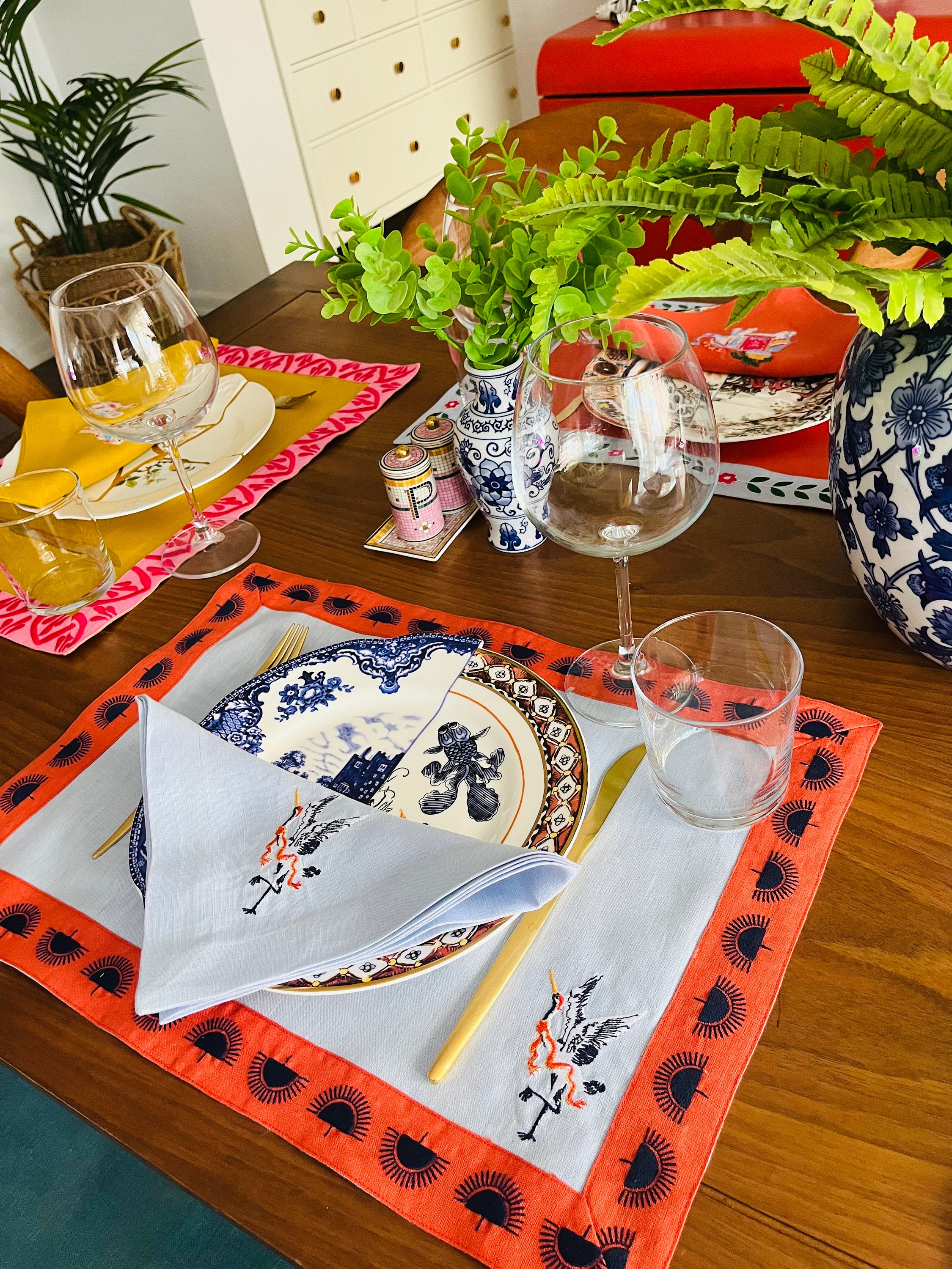 Decorative Blue Linen Placemats - Japanese Crane Pattern Placemat Set of 2, 4, 6 - Dining Serving Table - Orange Detailed Colorful Napkins