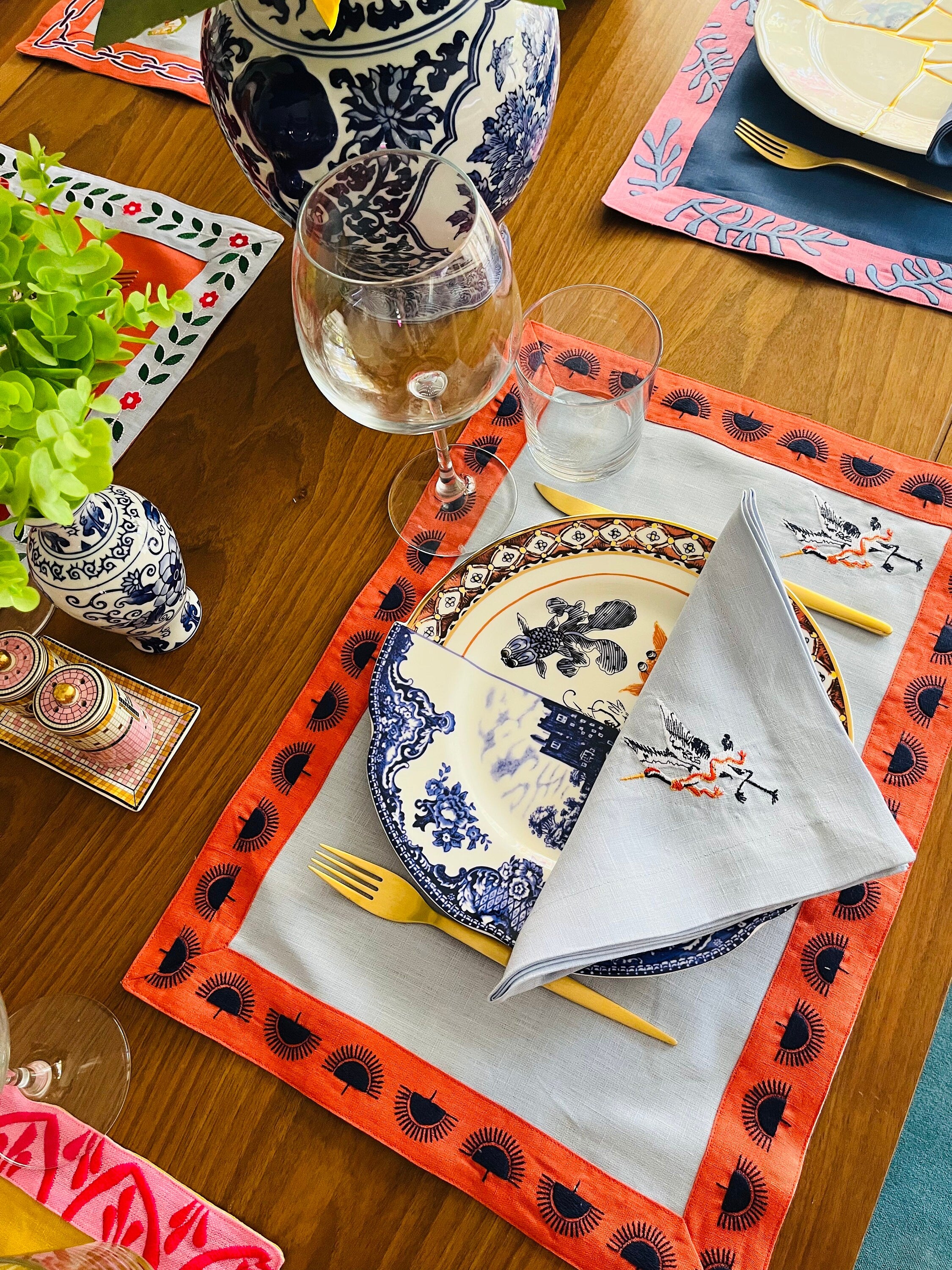 Decorative Blue Linen Placemats - Japanese Crane Pattern Placemat Set of 2, 4, 6 - Dining Serving Table - Orange Detailed Colorful Napkins