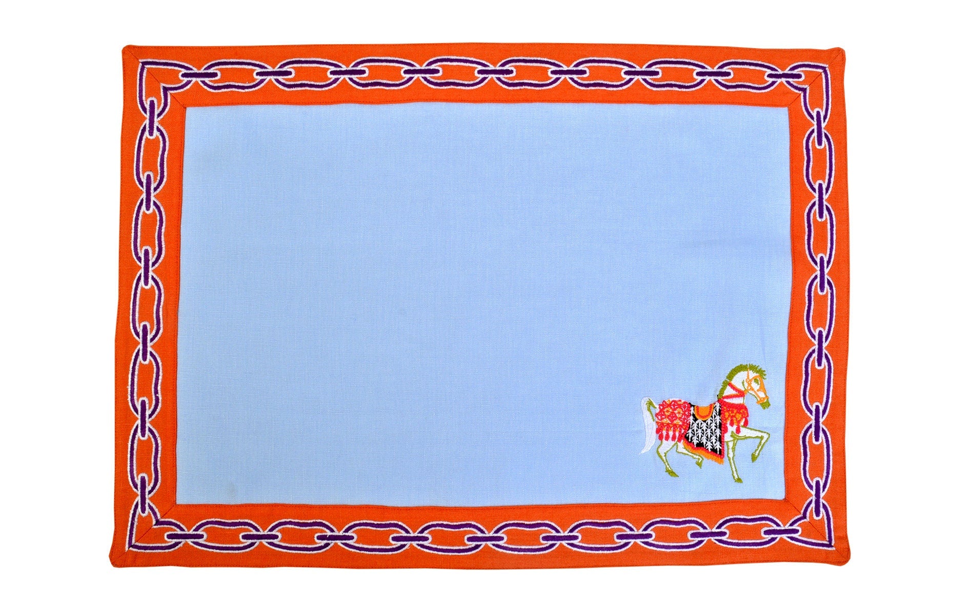 Decorative Light Blue Linen Placemats - Horse Pattern Placemat Set of 2, 4, 6 - Dining Serving Table - Chain Pattern Embroidered Napkins