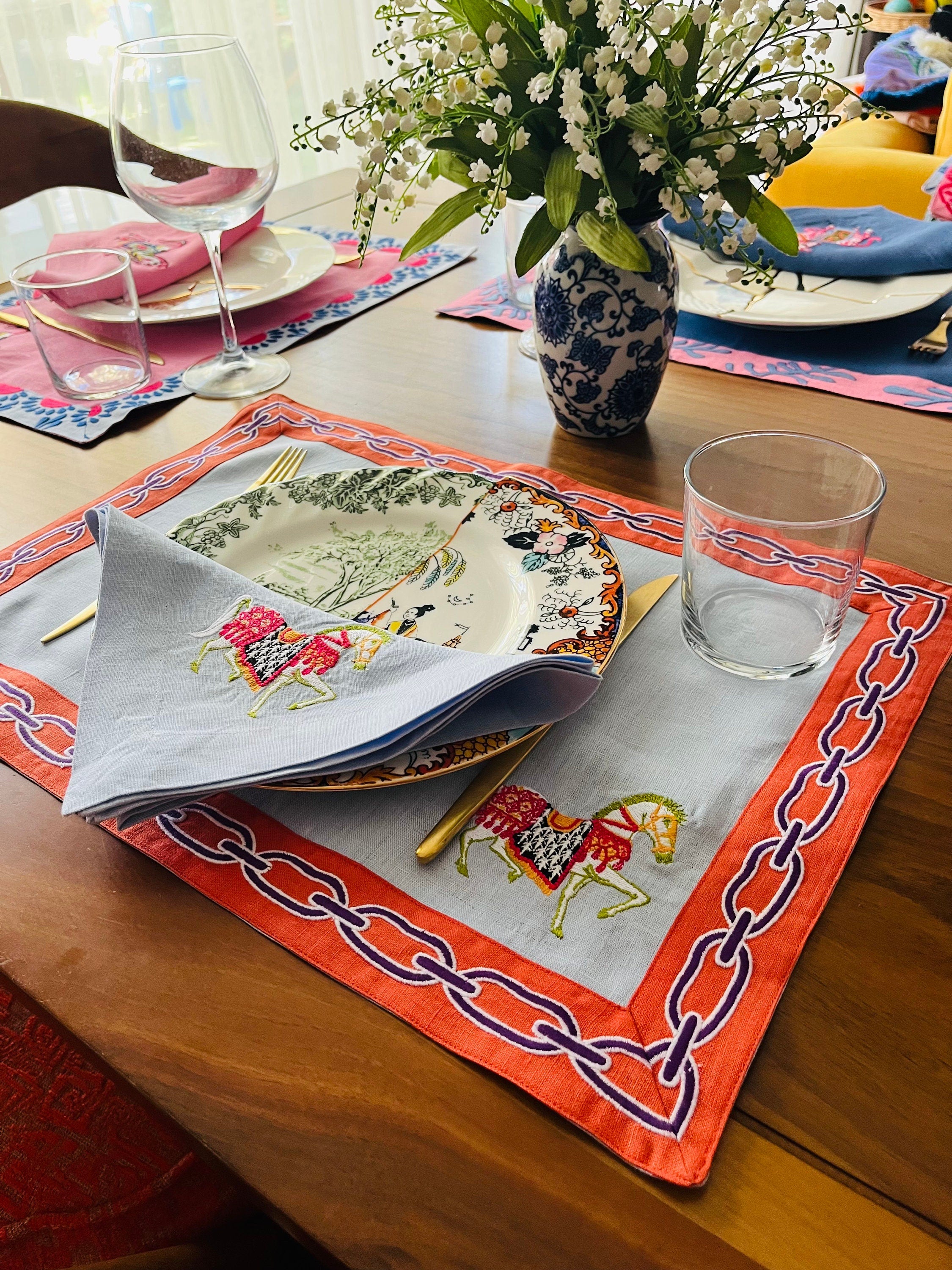 Decorative Light Blue Linen Placemats - Horse Pattern Placemat Set of 2, 4, 6 - Dining Serving Table - Chain Pattern Embroidered Napkins