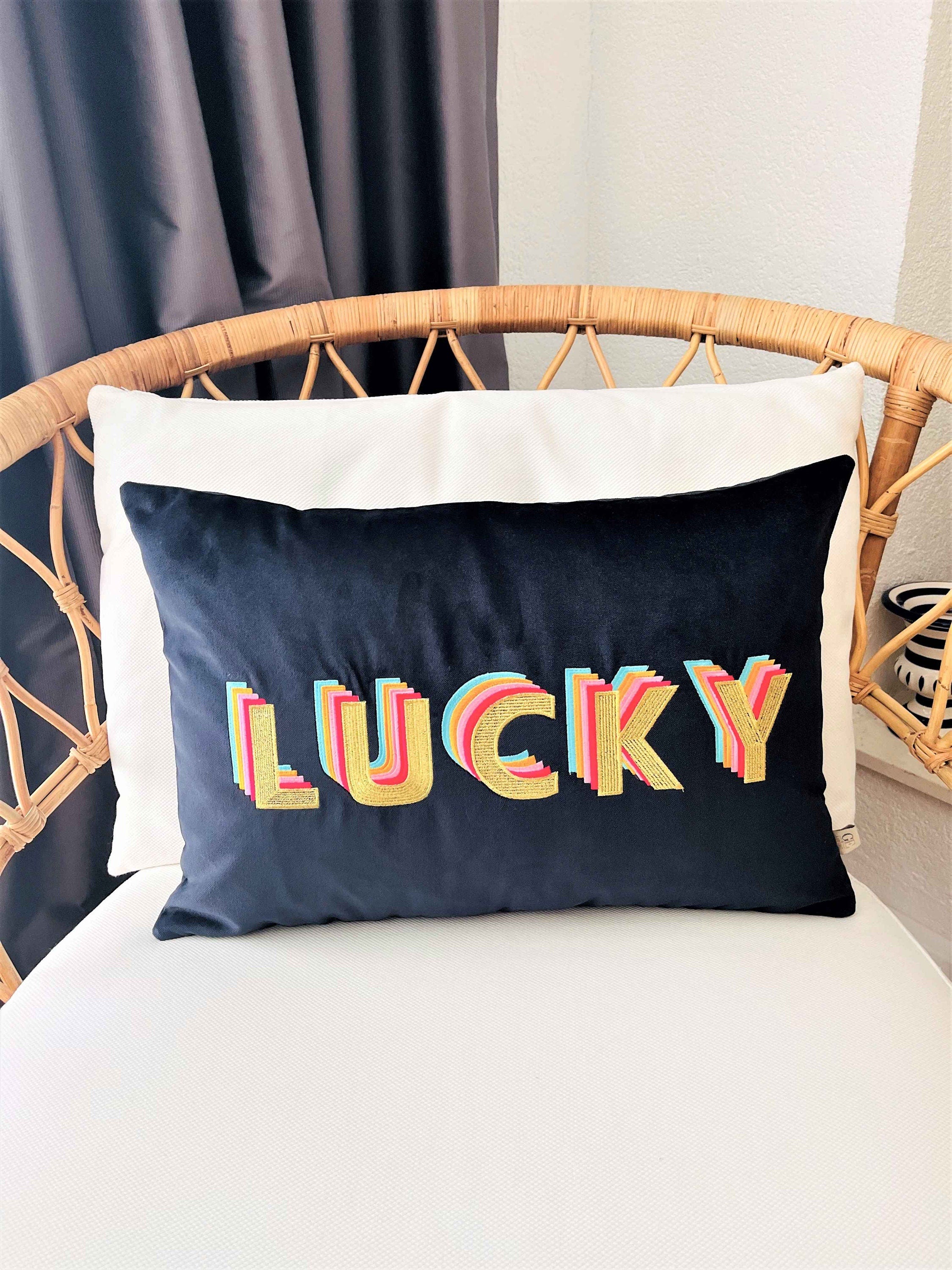 Lucky Pillow - Decorative Navy Velvet Throw Pillow Cover - Detailed Smile Embroidered - Colorful Rainbow Cushion - Unique Boho Home Decor