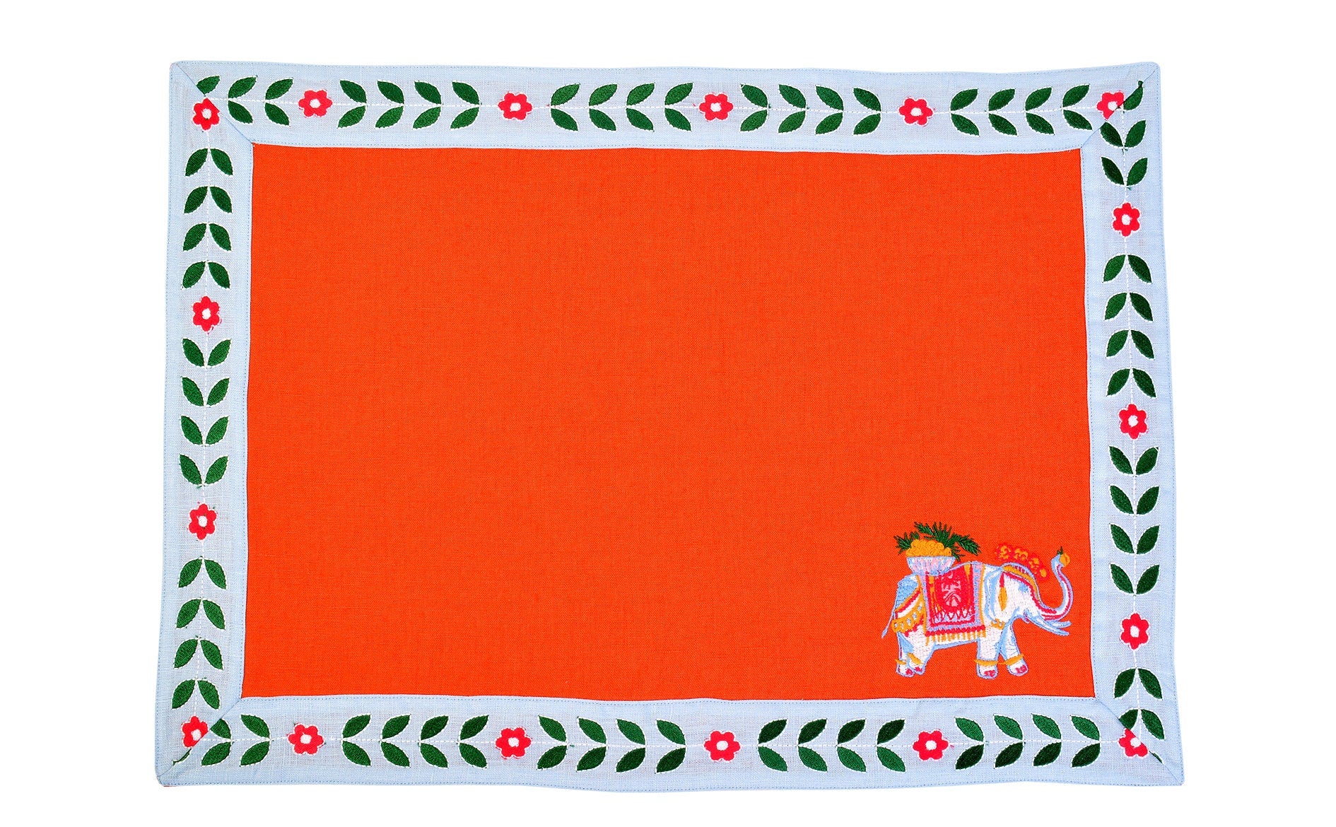 Decorative Orange Linen Placemats | Elephant Pattern | Colorful Dining Table Set