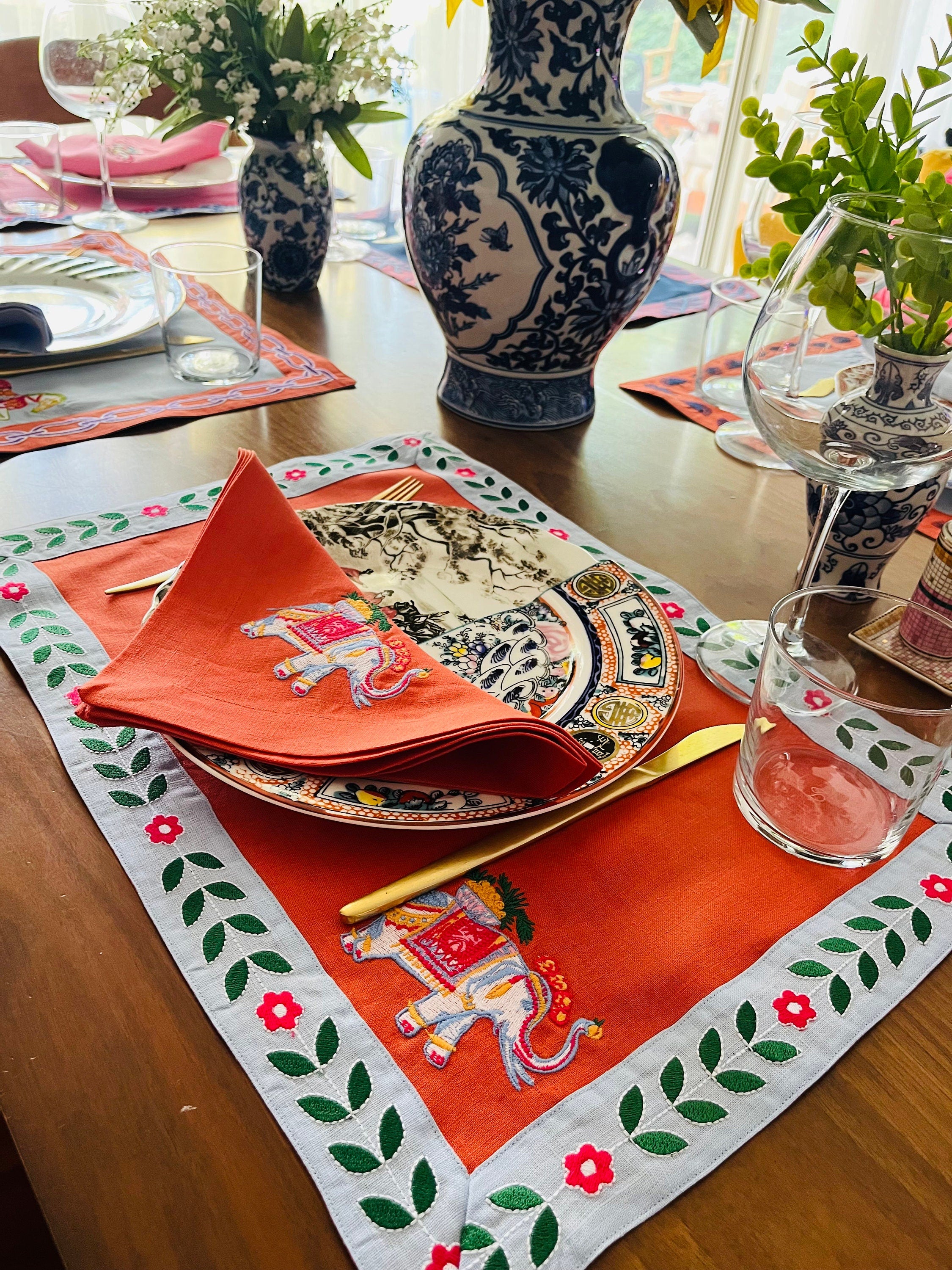 Decorative Orange Linen Placemats | Elephant Pattern | Colorful Dining Table Set