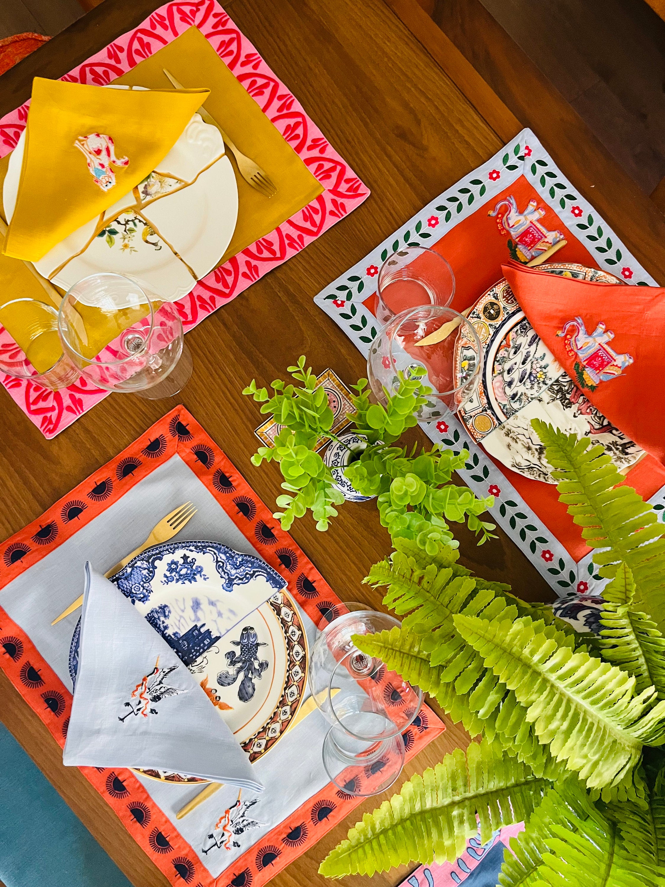 Decorative Blue Linen Placemats - Japanese Crane Pattern Placemat Set of 2, 4, 6 - Dining Serving Table - Orange Detailed Colorful Napkins