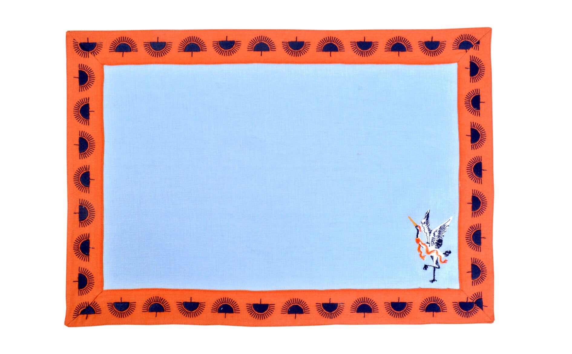 Decorative Blue Linen Placemats - Japanese Crane Pattern Placemat Set of 2, 4, 6 - Dining Serving Table - Orange Detailed Colorful Napkins