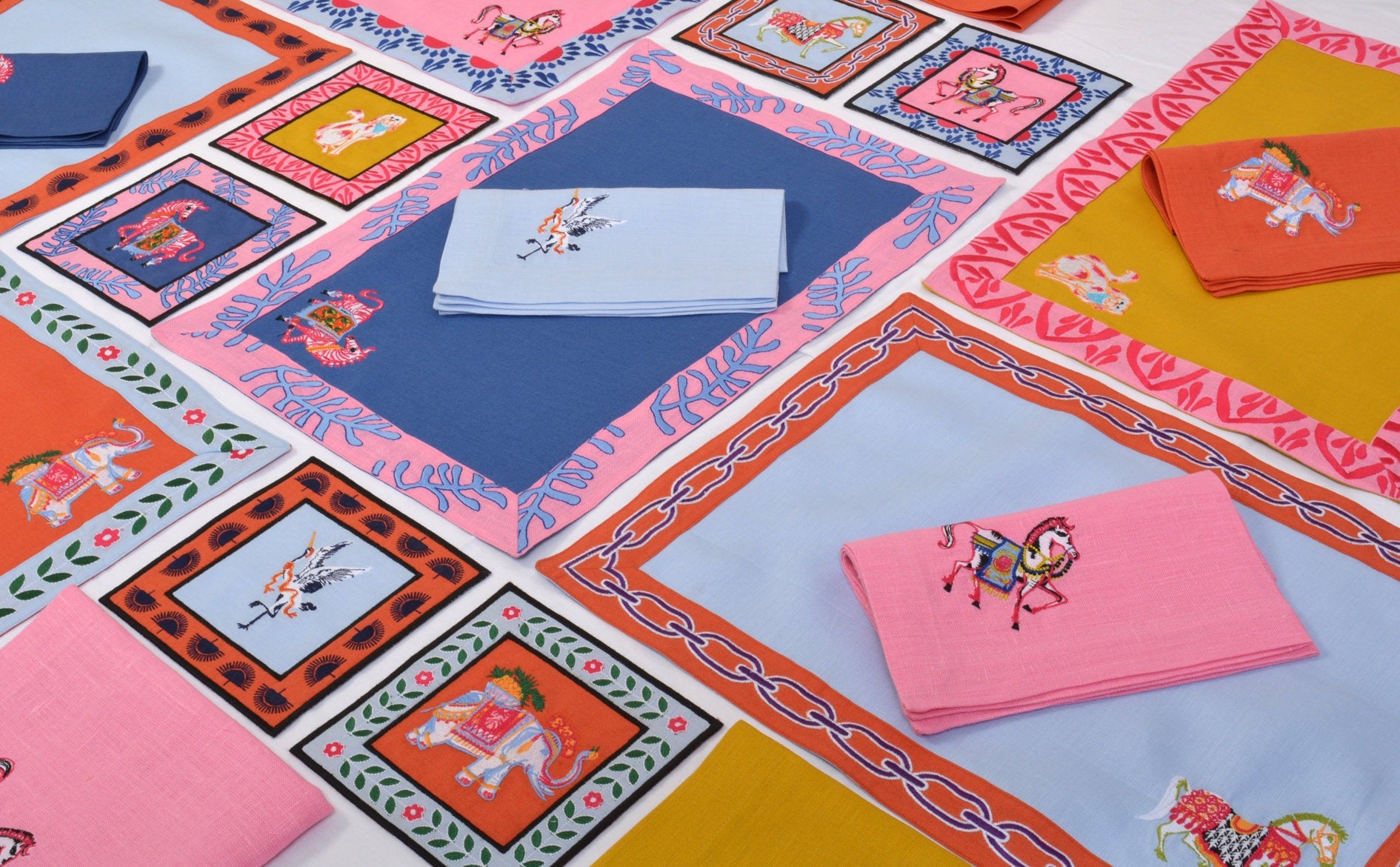 Decorative Navy Blue Linen Table Runner - 100% Linen Table Decor - Pink Zebra & Blue Coral Embroidered Linen Table Cloth - Unique Decoration