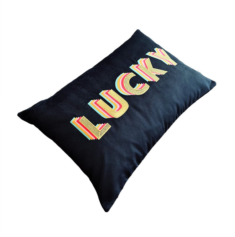 Lucky Pillow - Decorative Navy Velvet Throw Pillow Cover - Detailed Smile Embroidered - Colorful Rainbow Cushion - Unique Boho Home Decor