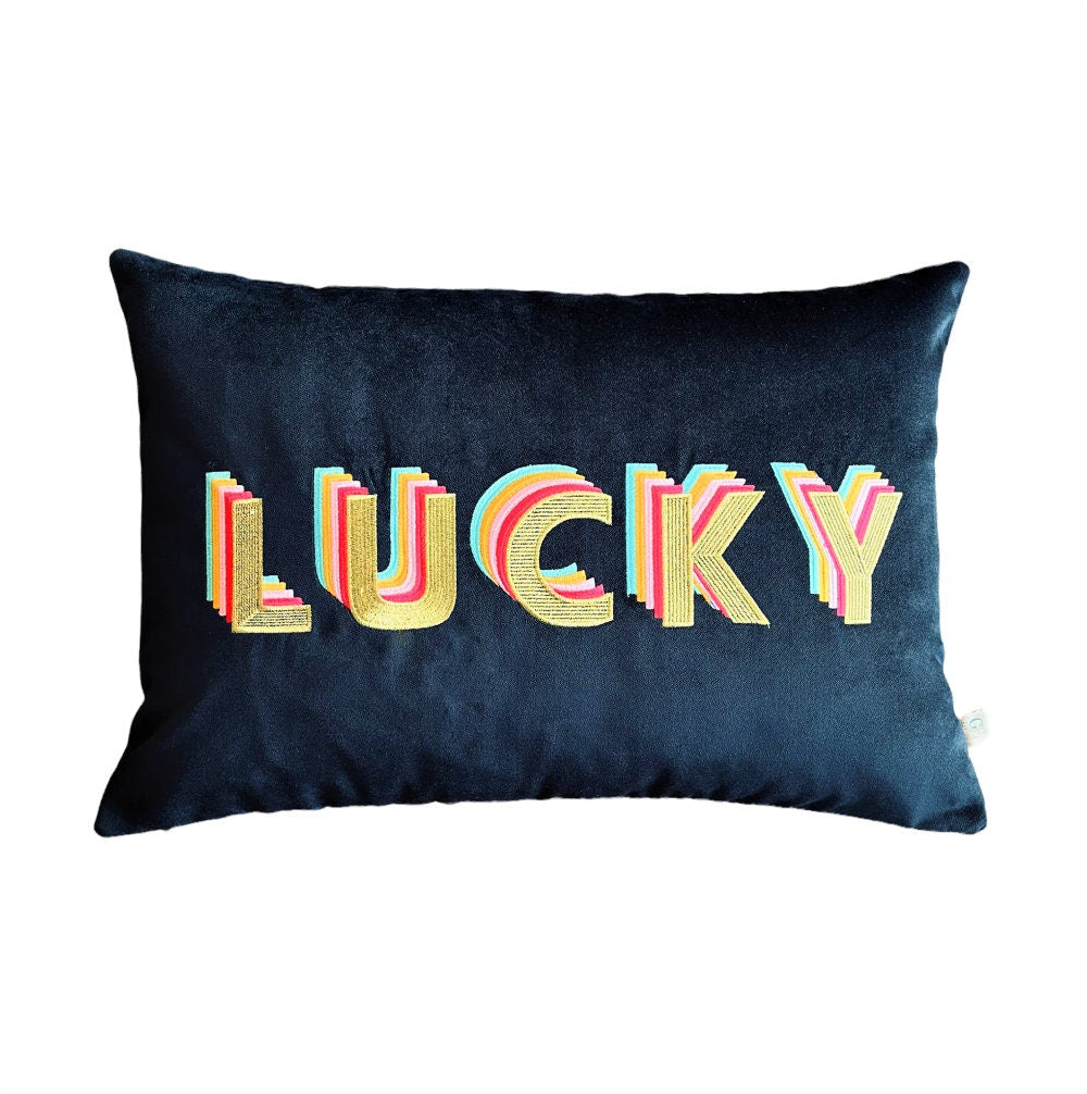 Lucky Pillow - Decorative Navy Velvet Throw Pillow Cover - Detailed Smile Embroidered - Colorful Rainbow Cushion - Unique Boho Home Decor