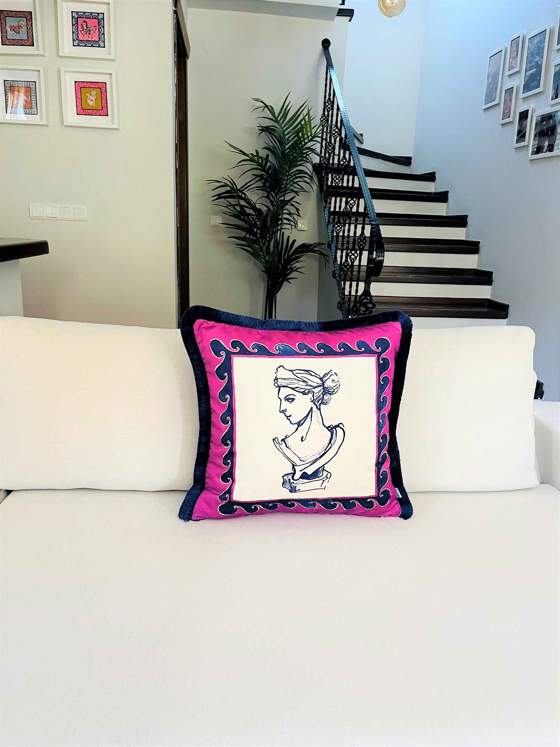 Antique Bust Pattern Throw Pillow Cover - Purple Velvet Pillow Case - Navy Tassel Cushion - Roman Woman Sculpture Statues - Greek Bust